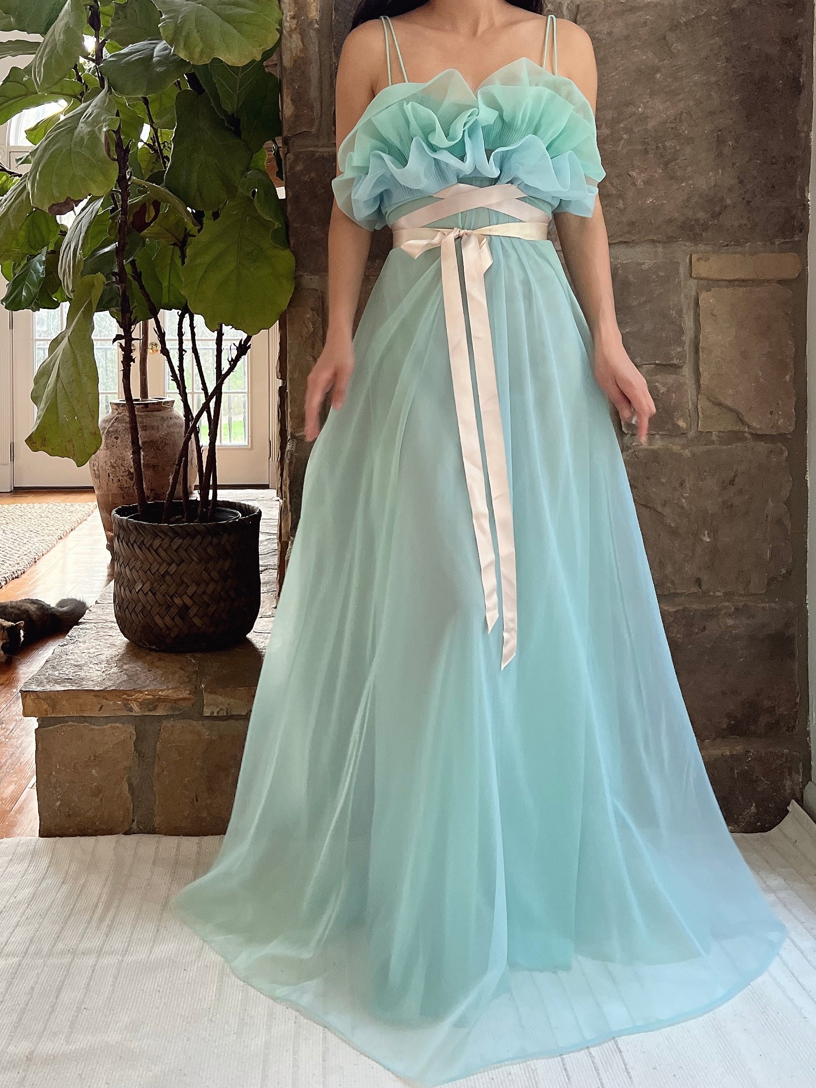 1960s Teal Sheer Tricot Chiffon Tulip Bust Gown - S/M