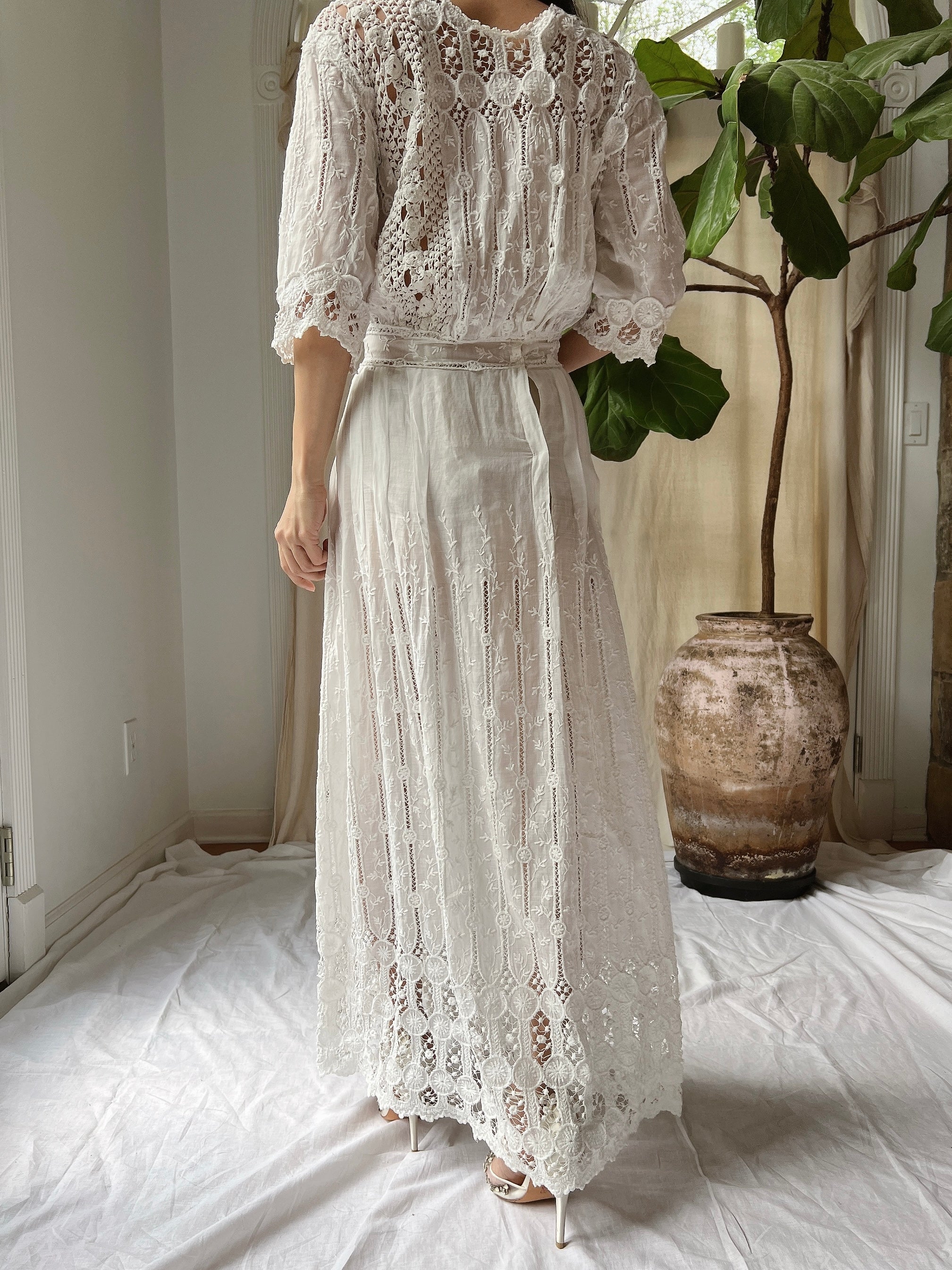 Antique Cotton Embroidered Dress - S