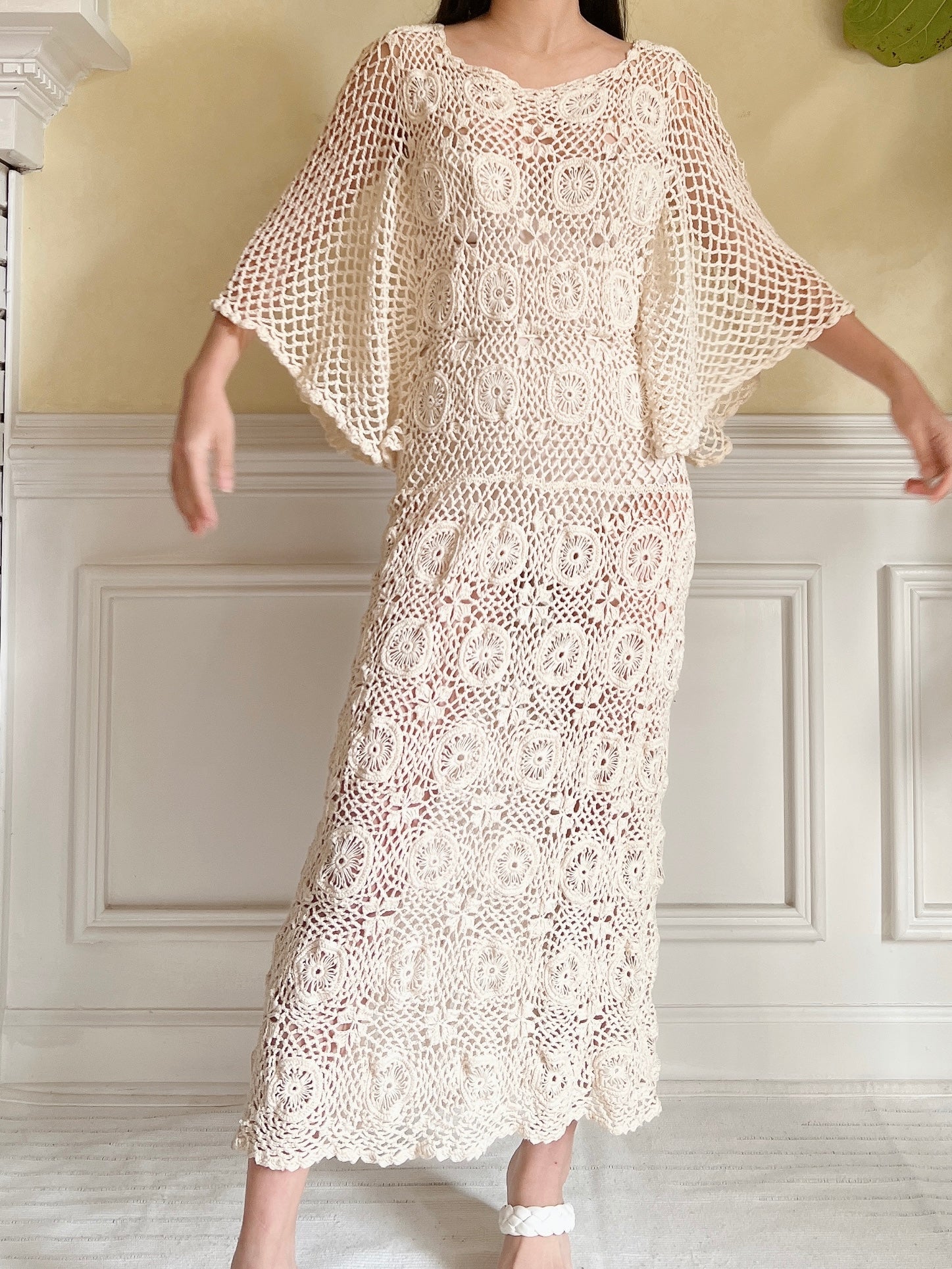 Vintage Beige Crochet Dress - S-L