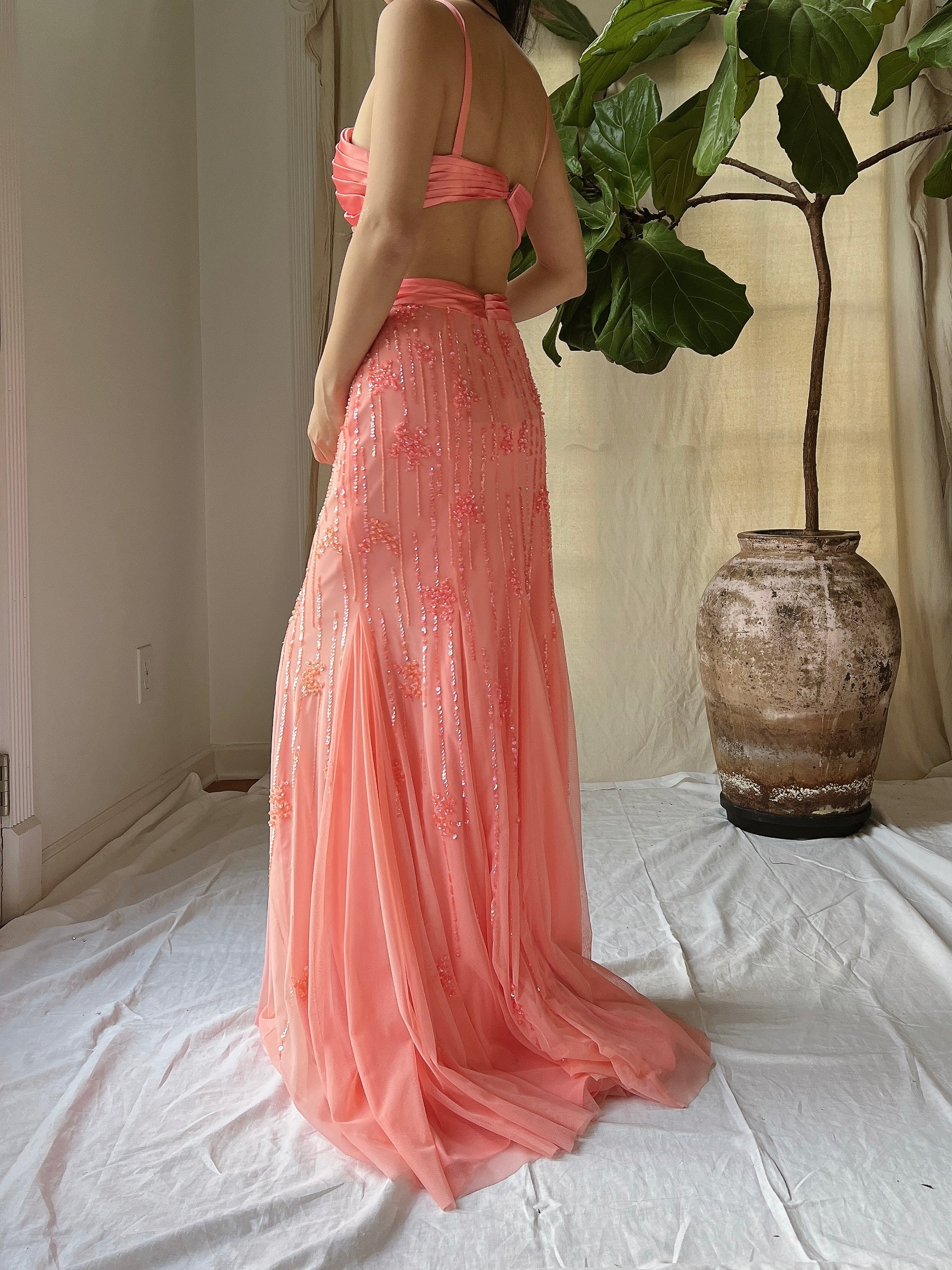 Vintage Sherbet Tulle Beaded Gown - M