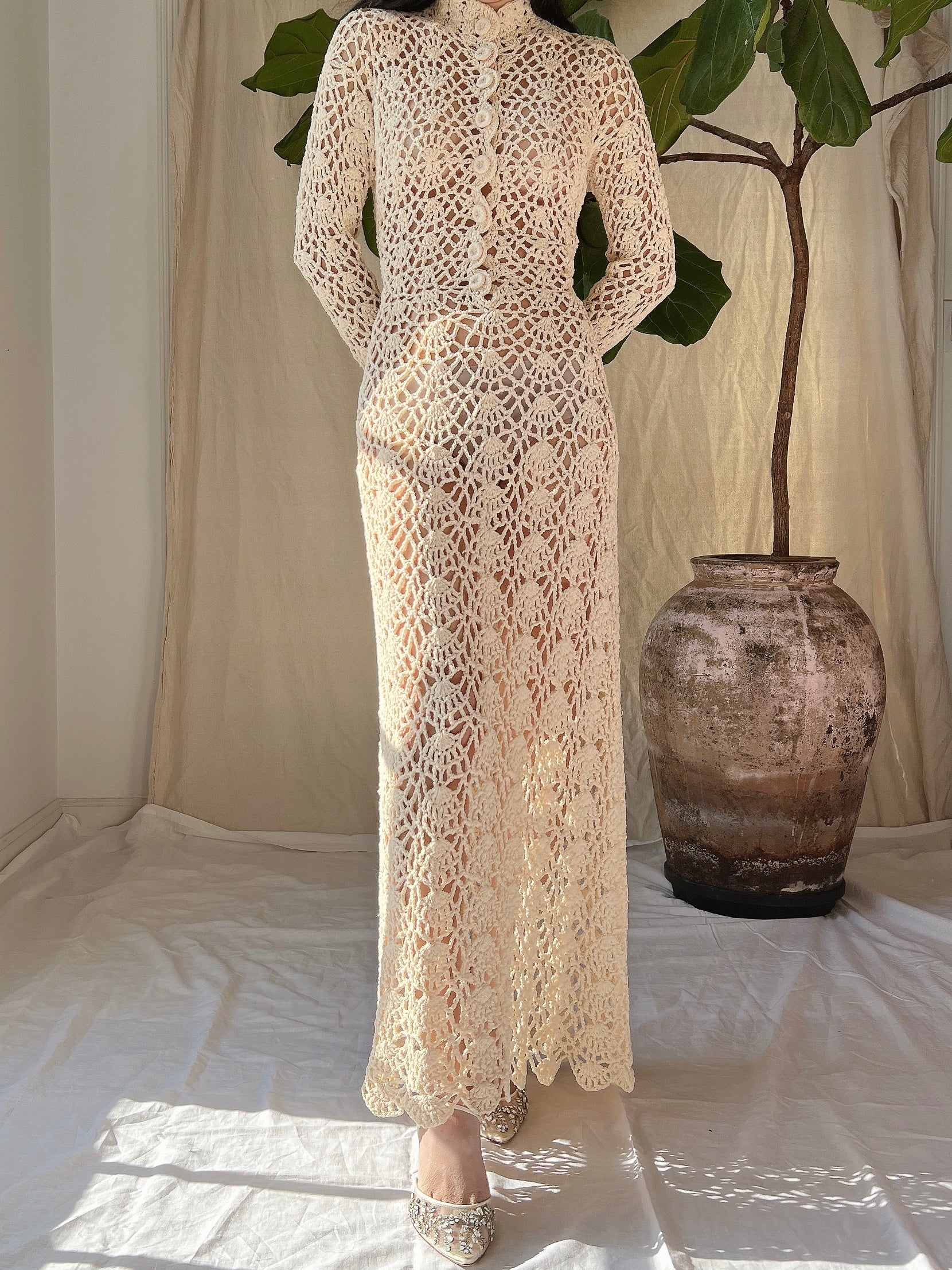1970s Long Sleeves Crochet Dress - S-M