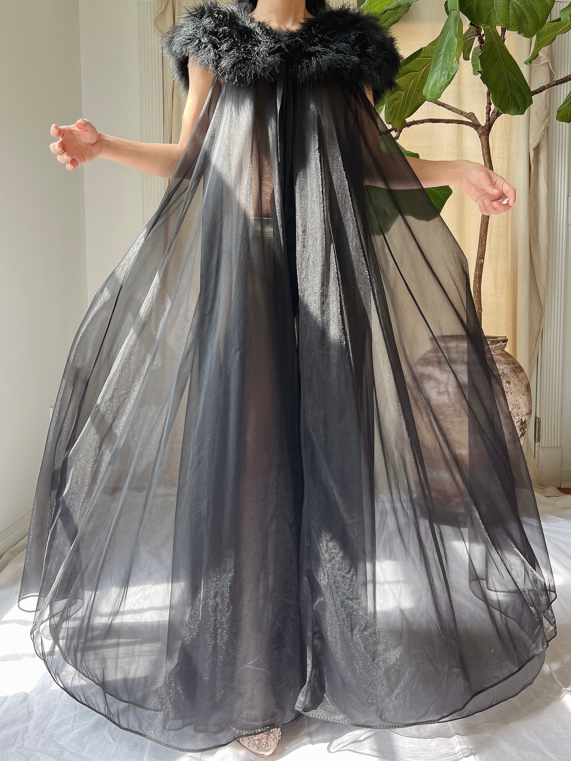 Vintage Feather Collar Nylon Dressing Gown - OSFM