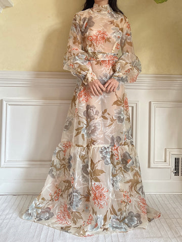 Vintage Puff Sleeve Floral Dress - S/M