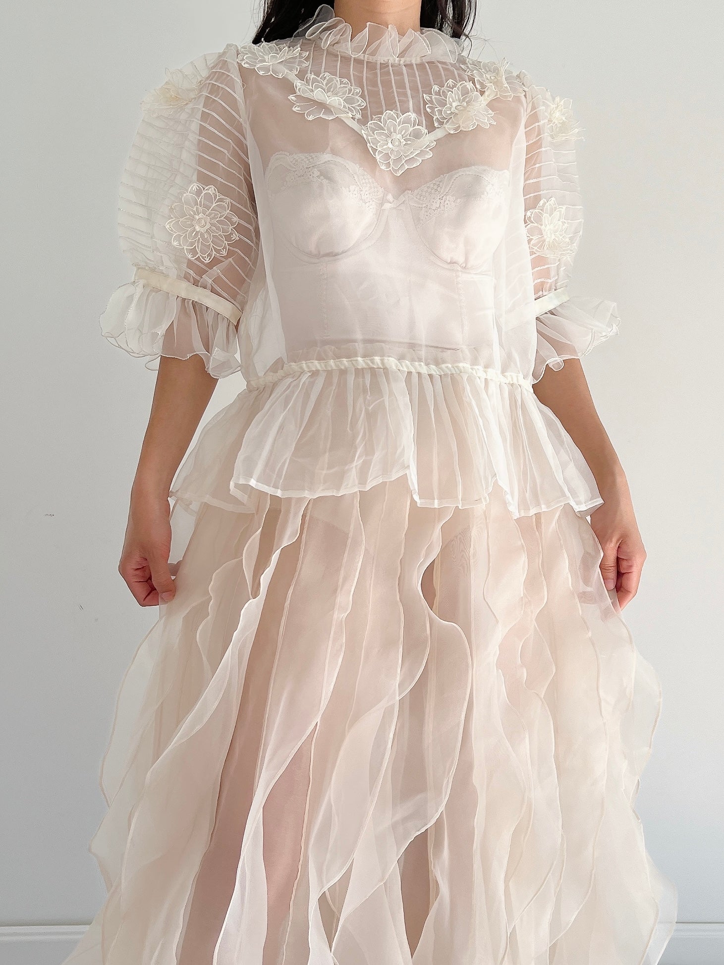 Vintage Organza Puff Sleeve Top - M