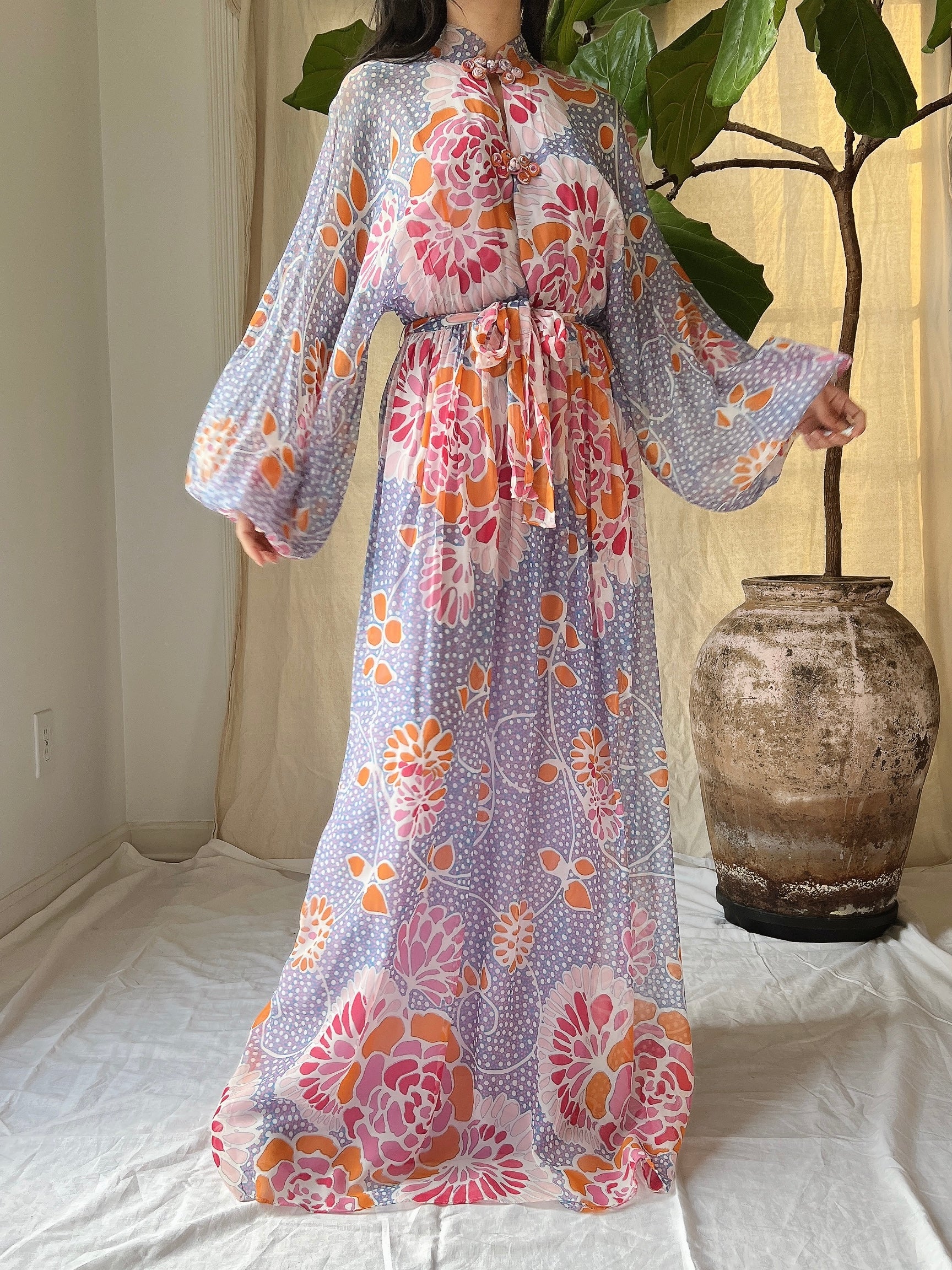 1970s Albert Capraro Chiffon Poet Sleeve Gown - S/M