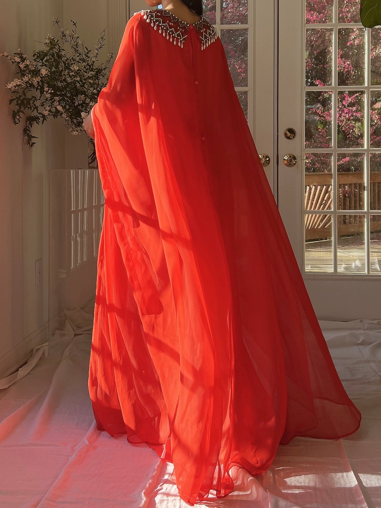 1960s Coral Red Chiffon Kaftan Dress - L