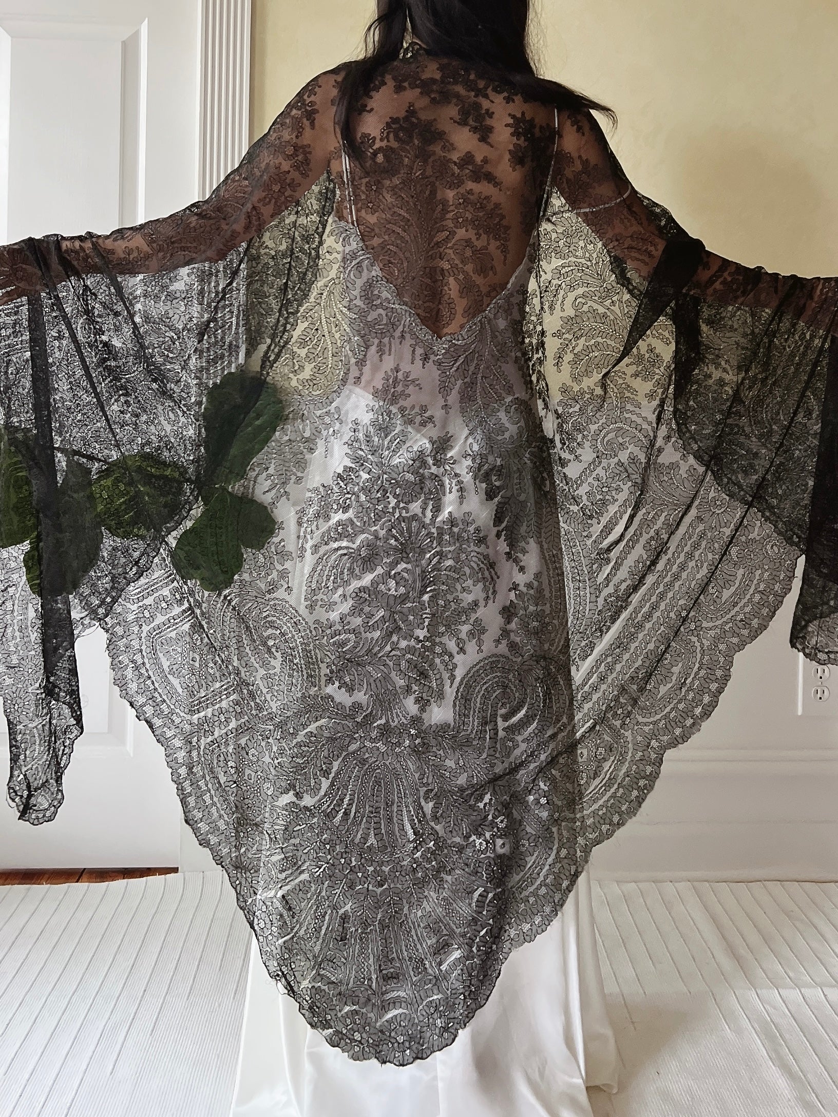 Antique Black Lace Shawl - One Size