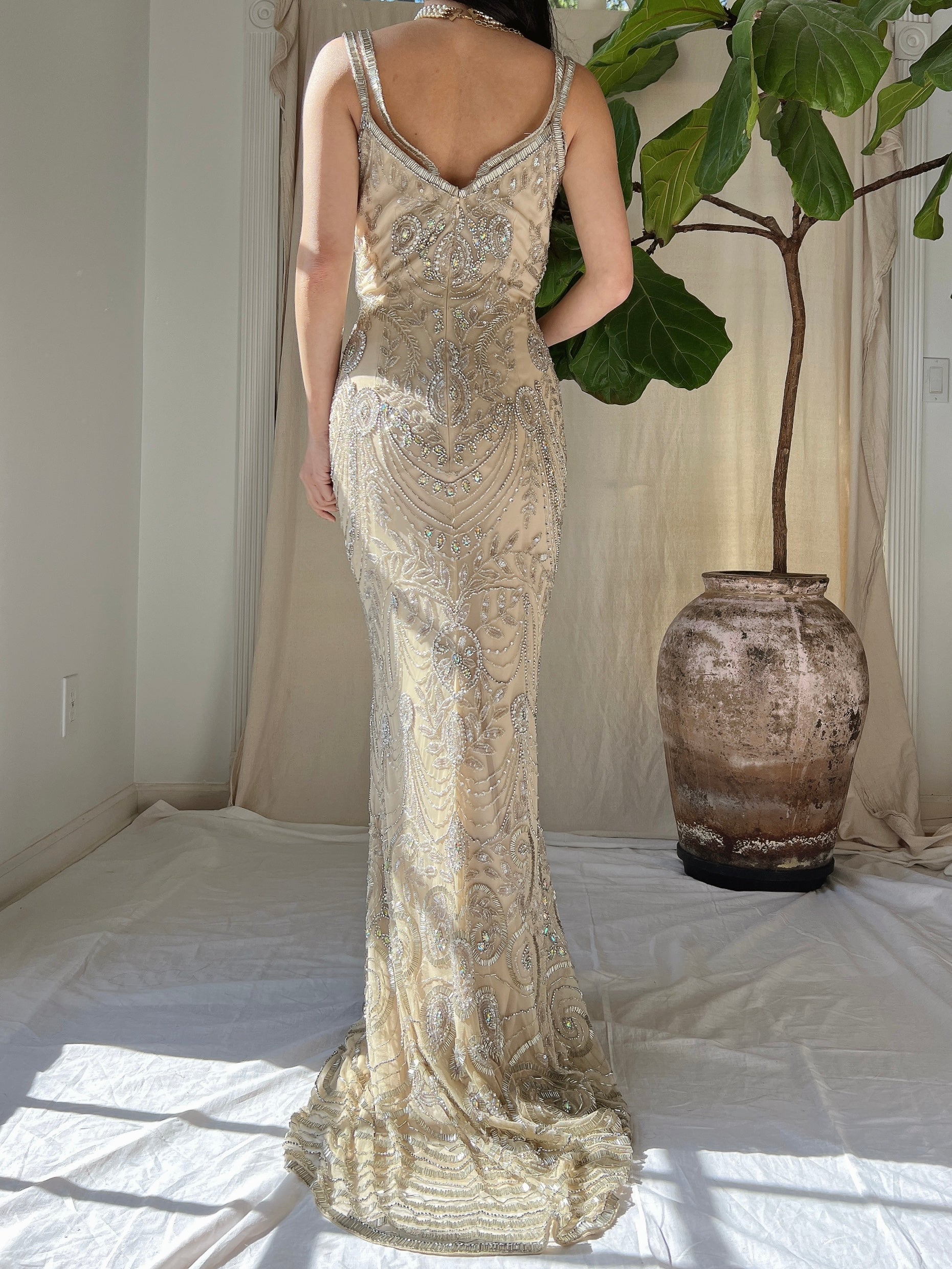 Beige Beaded Tulle Dress - S