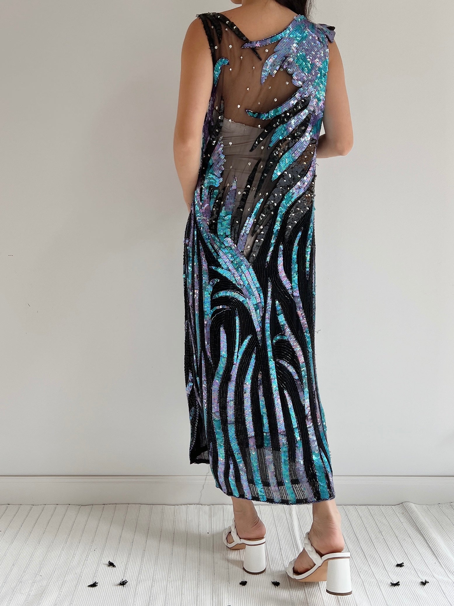 1980s Illusion Abstract Beaded Dress - S/M