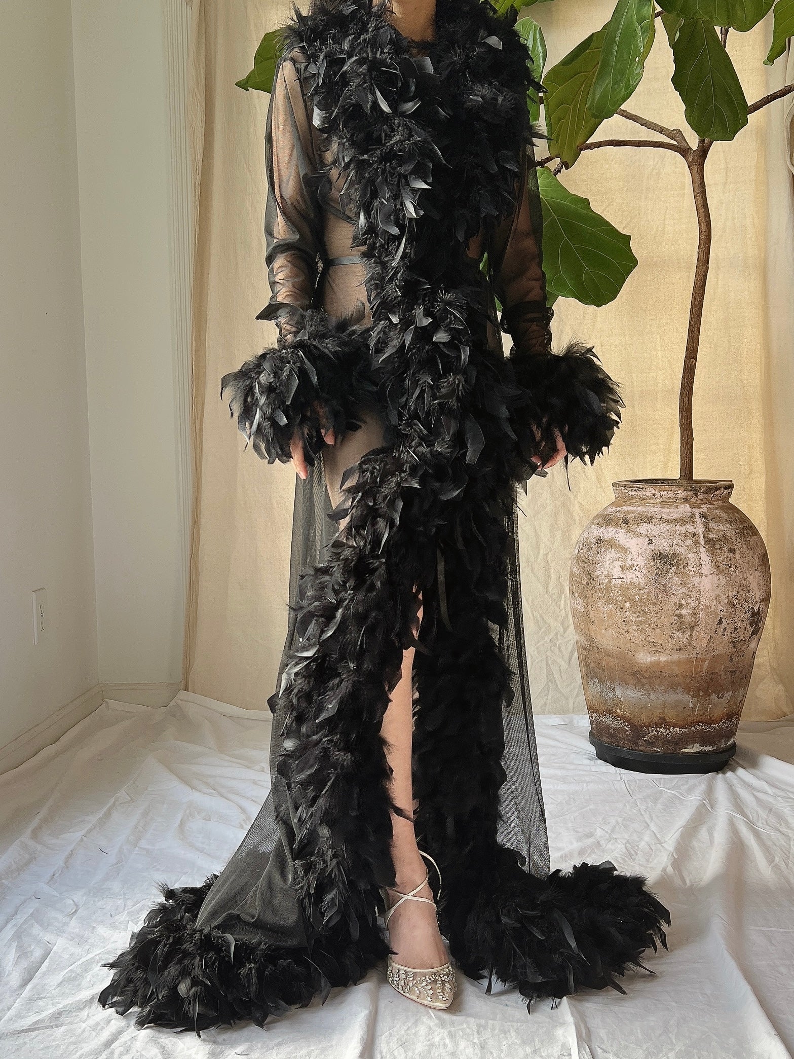 Vintage Black Feather Robe - OSFM