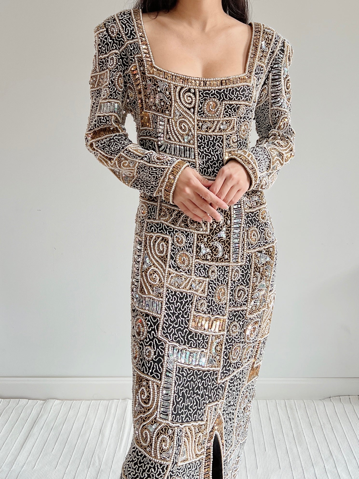1980s Silk Chiffon Heavily Beaded Gown - M