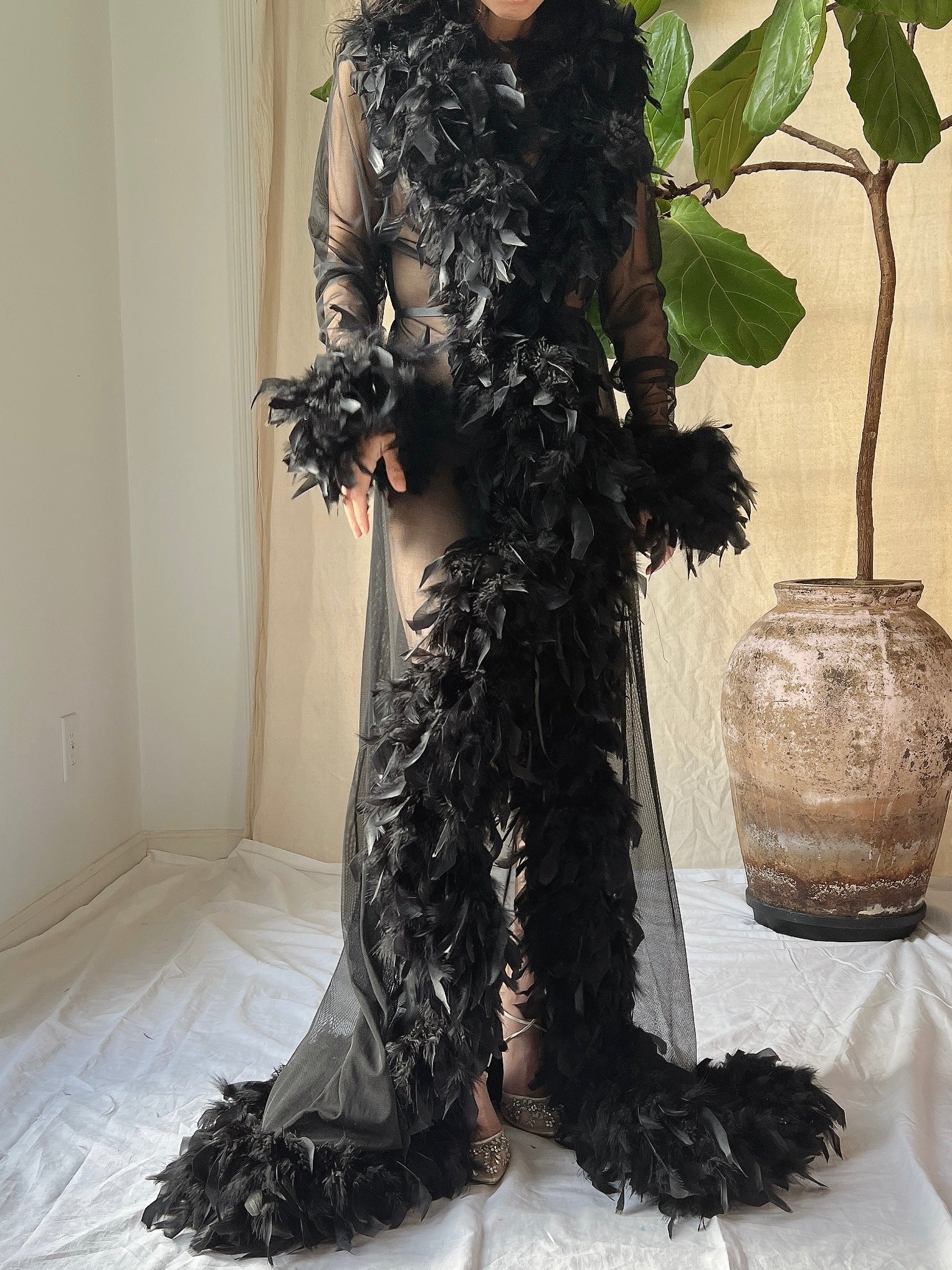 Vintage Black Feather Robe - OSFM