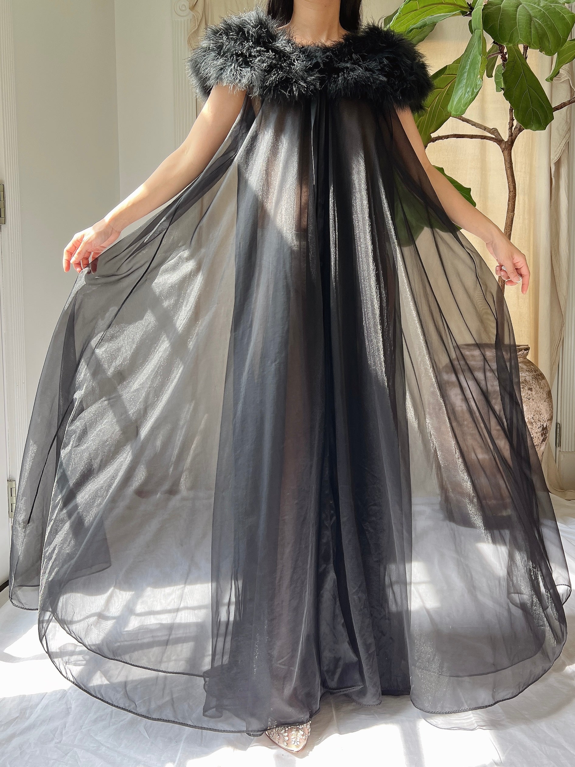 Vintage Feather Collar Nylon Dressing Gown - OSFM
