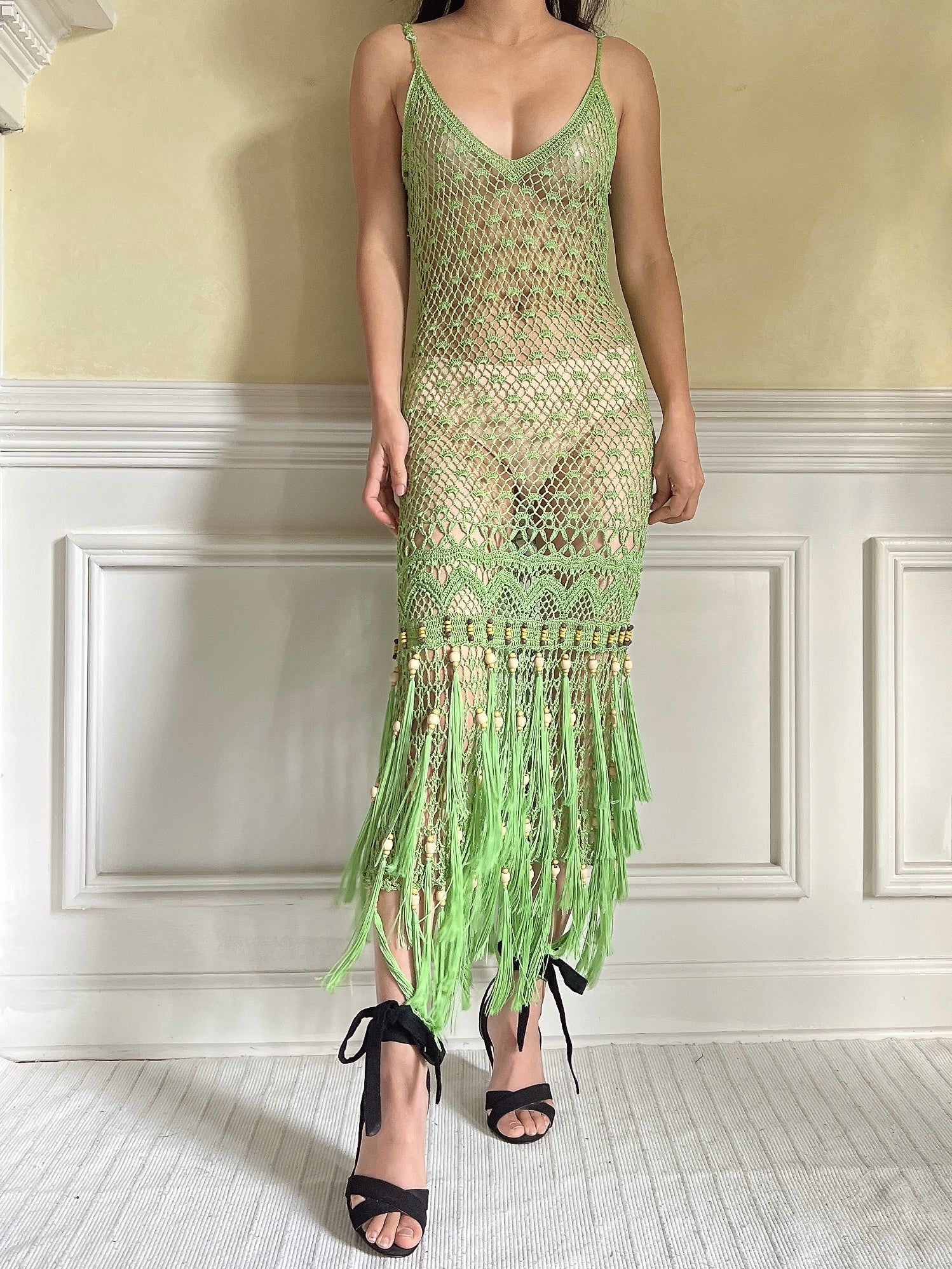 Vintage Light Green Fringe Crochet Dress - S-M