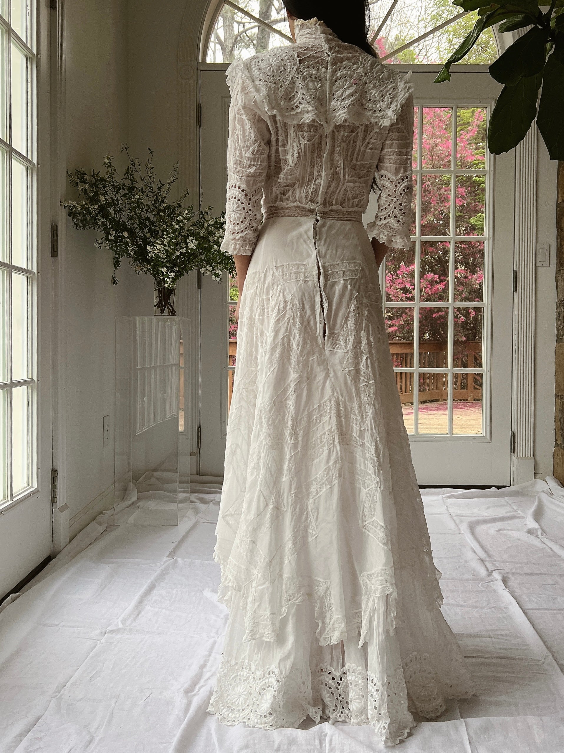 Antique High Neck Cotton and Lace Gown - XS
