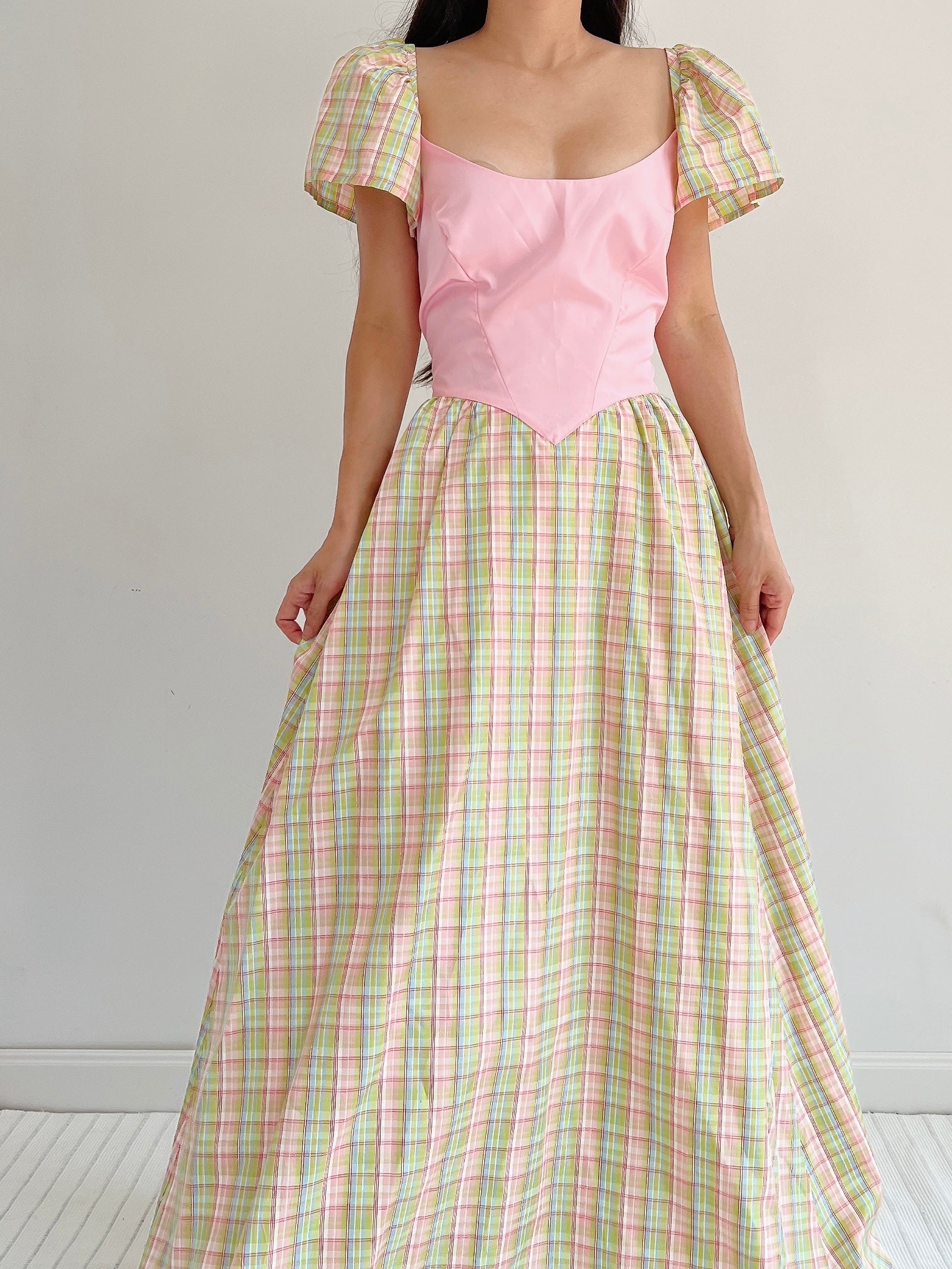 1970s Vintage Plaid Taffeta Dress - M