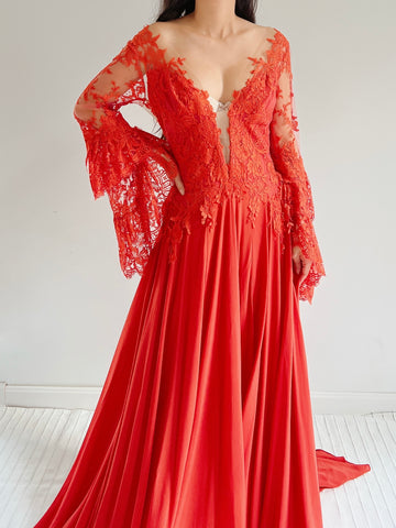 Pnina Tornai Silk Chiffon and Ecru Lace Gown - M