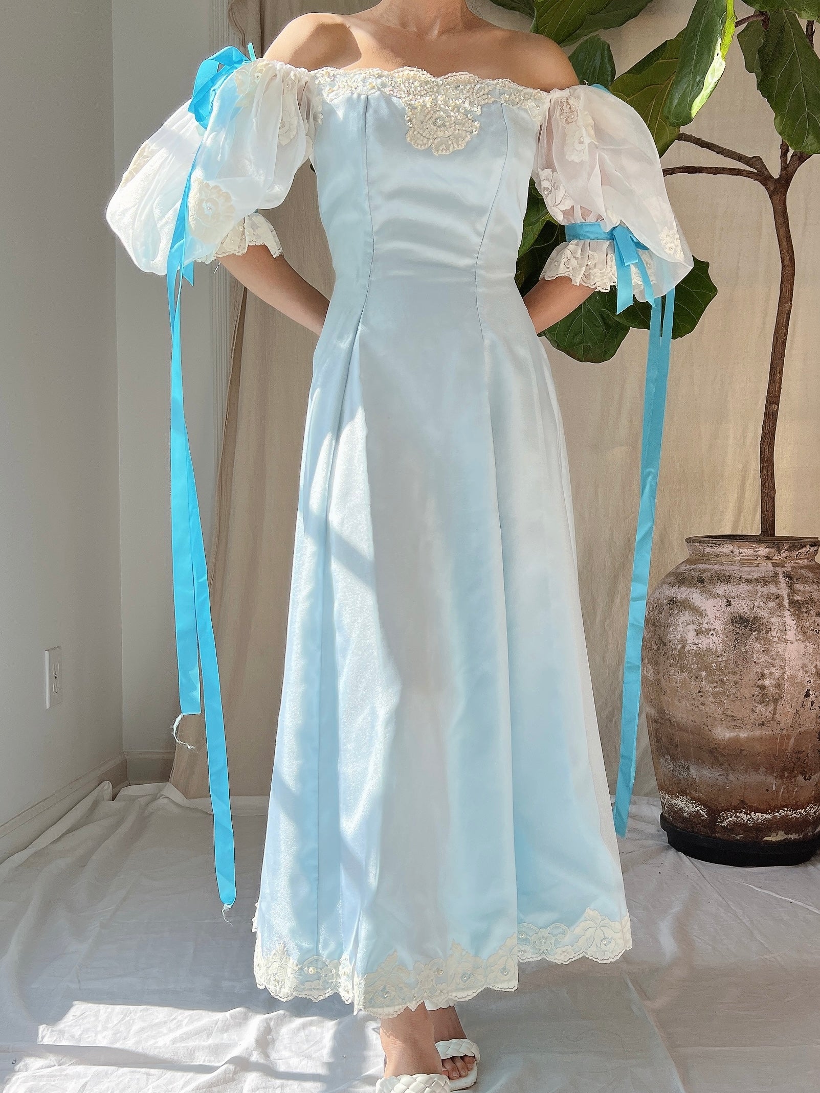 1980s Puff Sleeve Cyan Dress - XS