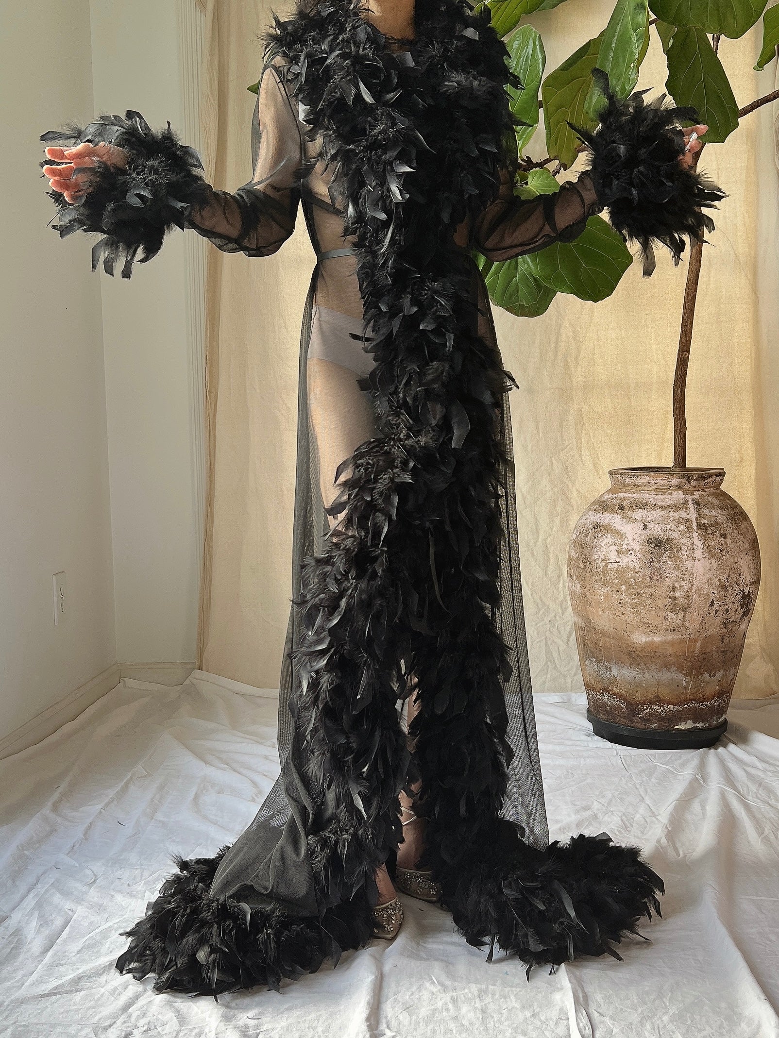 Vintage Black Feather Robe - OSFM
