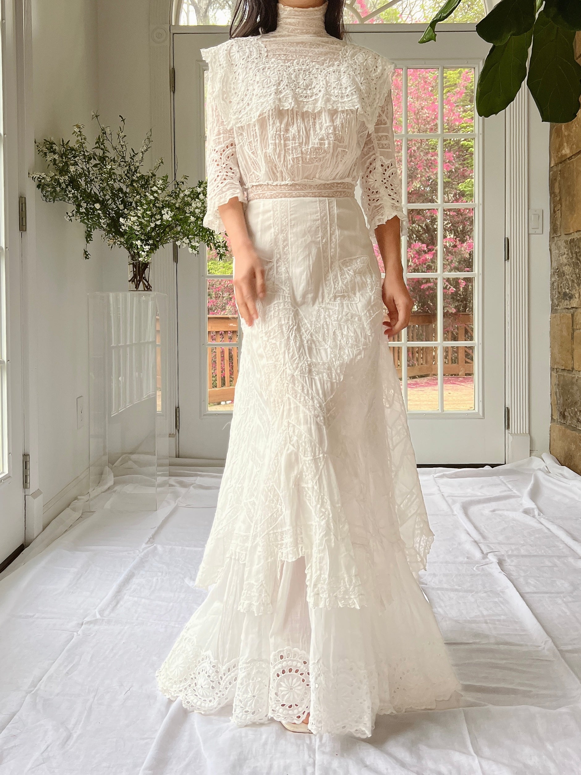 Antique High Neck Cotton and Lace Gown - XS