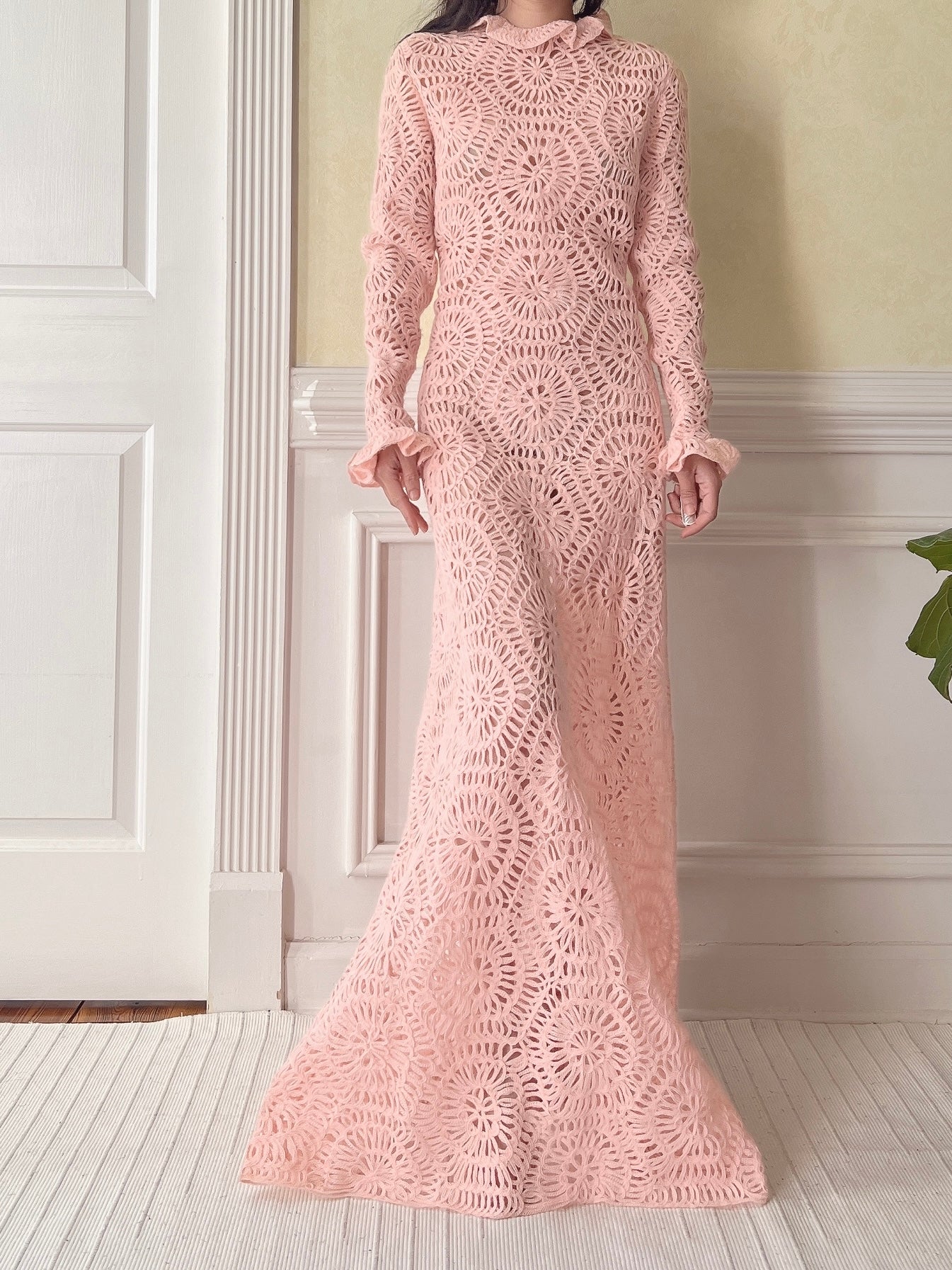 Vintage Pink Crochet Gown - M
