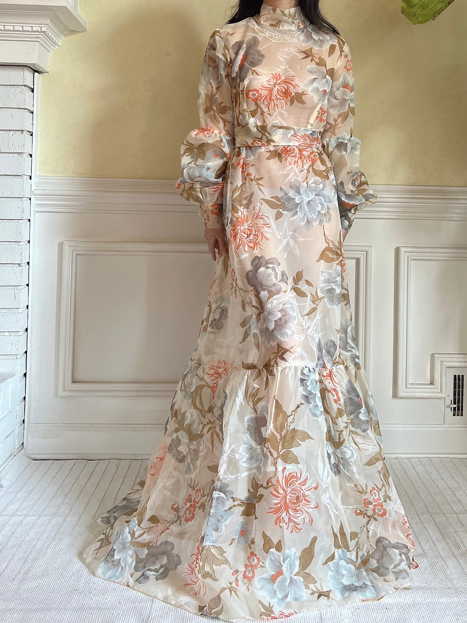 Vintage Puff Sleeve Floral Dress - S/M