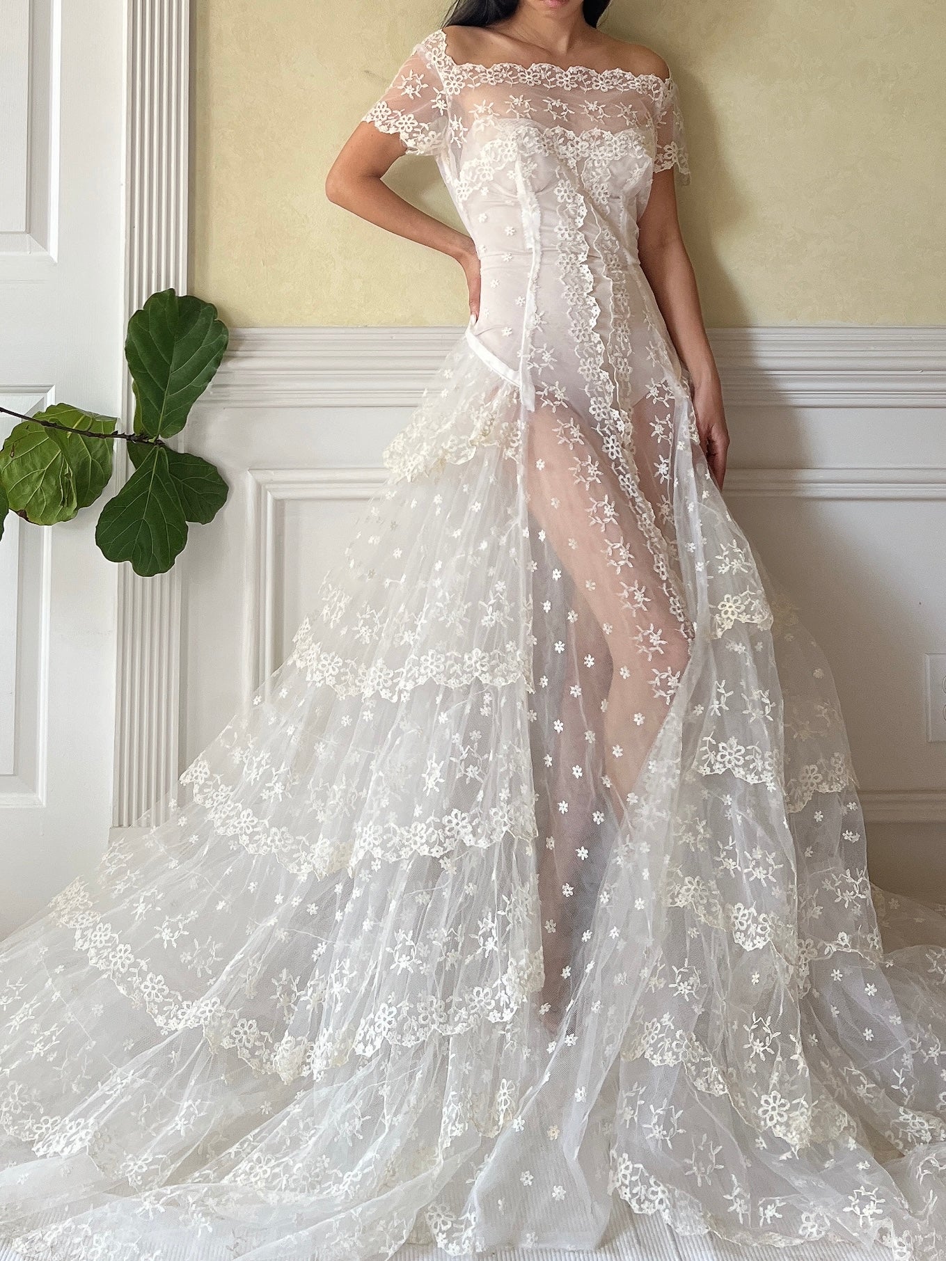 1950s Embroidered Tiered Tulle Gown - M