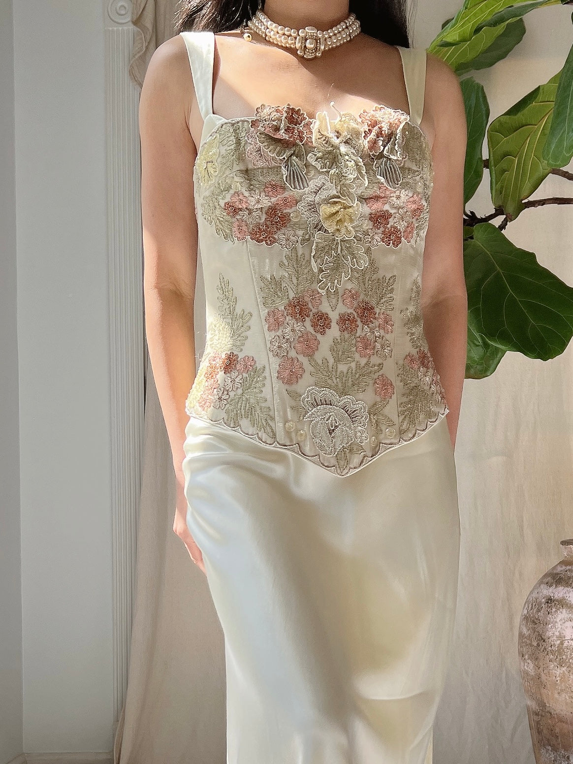 Vintage Eavis and Brown Silk Embroidered Corset - S-L