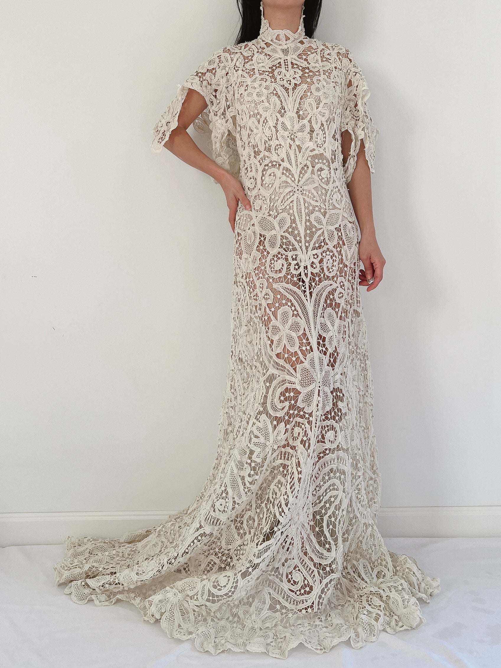Rare Antique Battenburg Tape Lace Gown - S-M