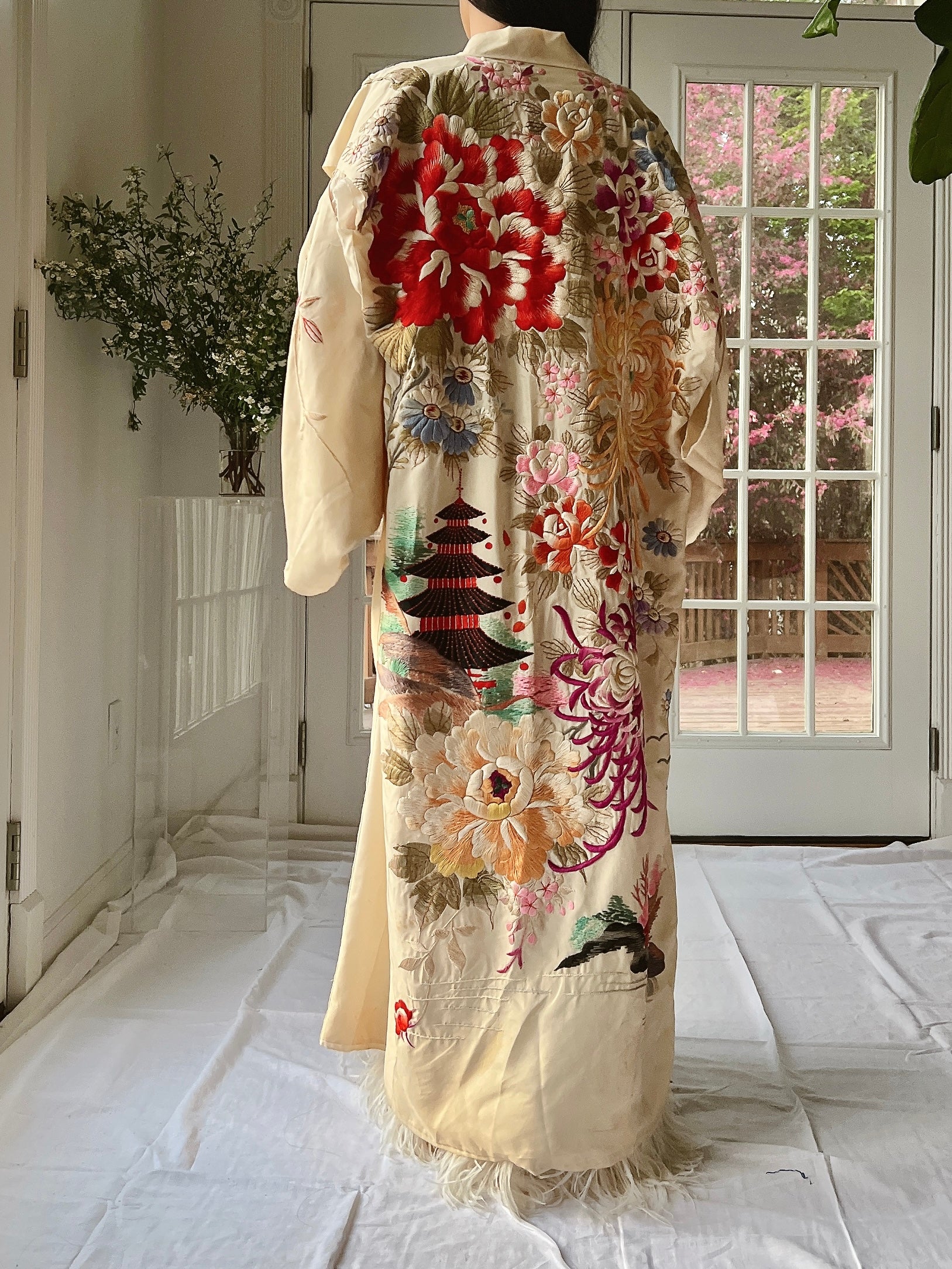 RARE Antique Couched Silk Floral Embroidered Kimono - OSFM