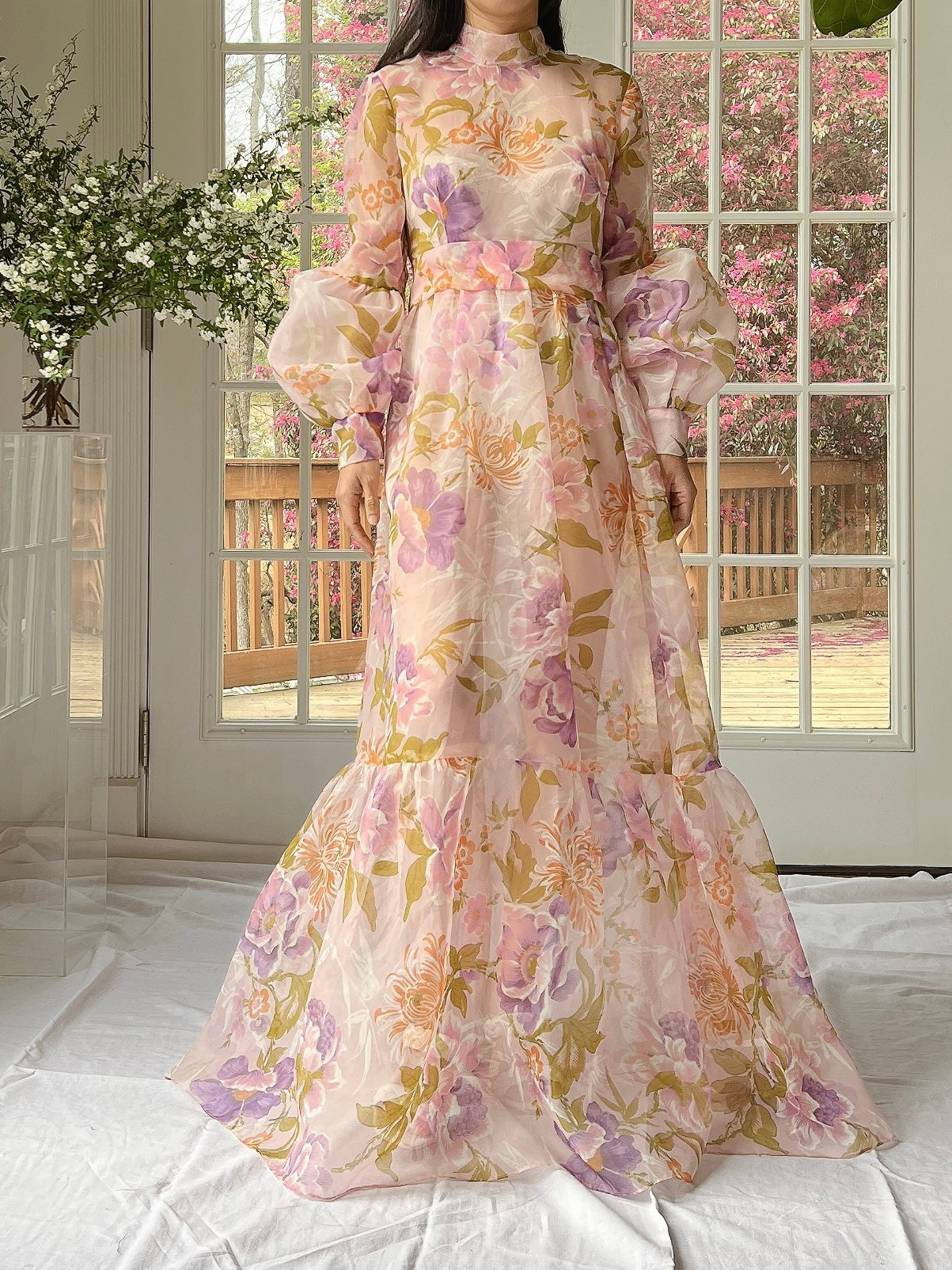 Vintage Sheer Pink Floral Voile Dress - M