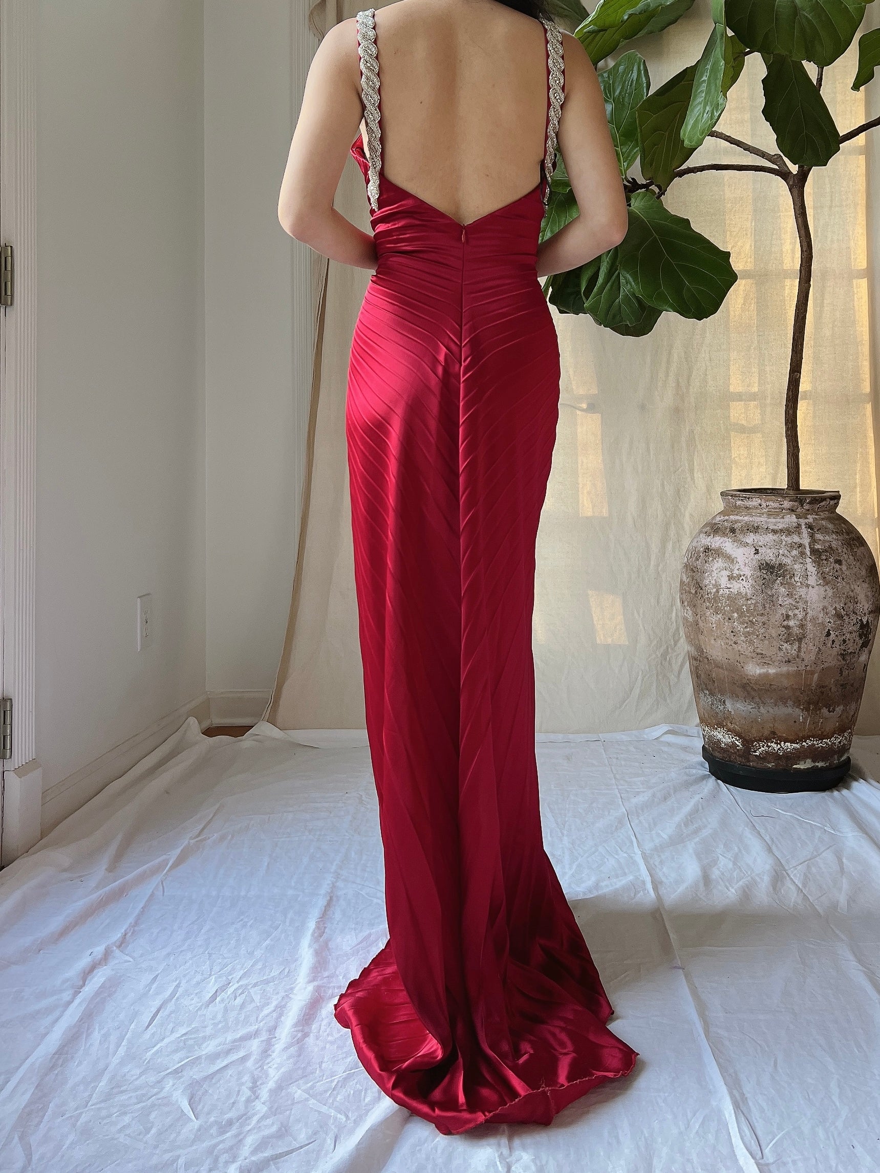 Vintage Pleated Satin Dress - M