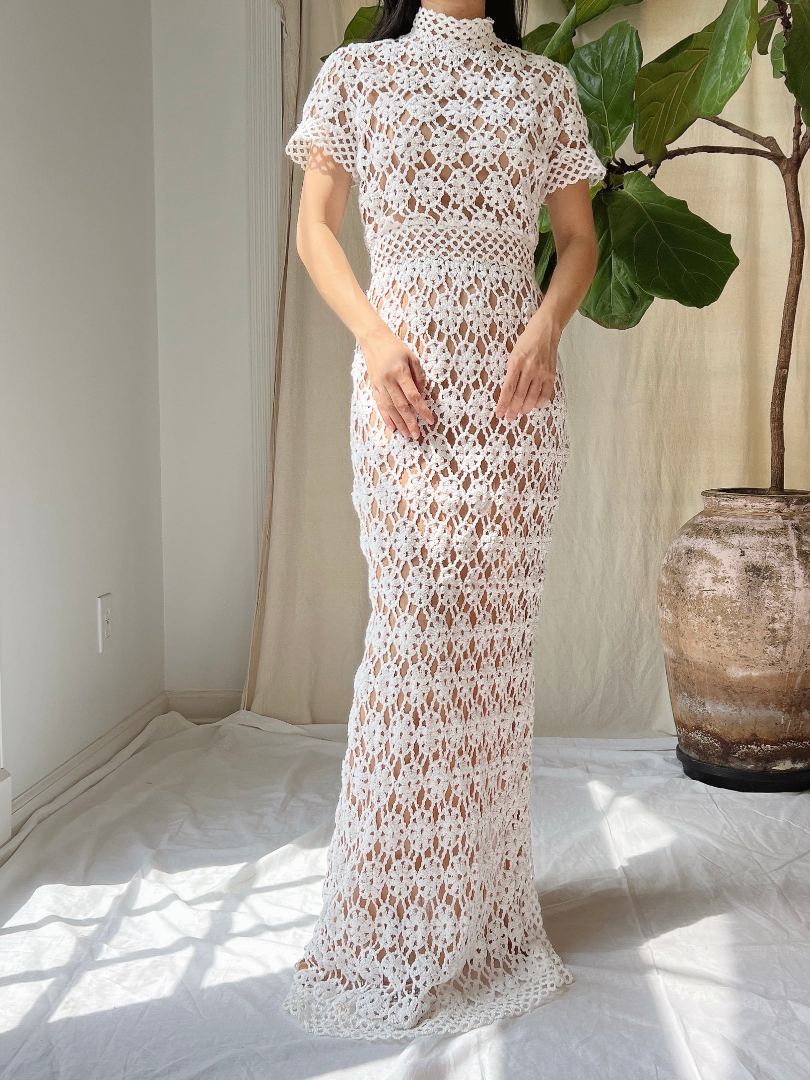 Vintage Mock Neck Crochet Dress - XS