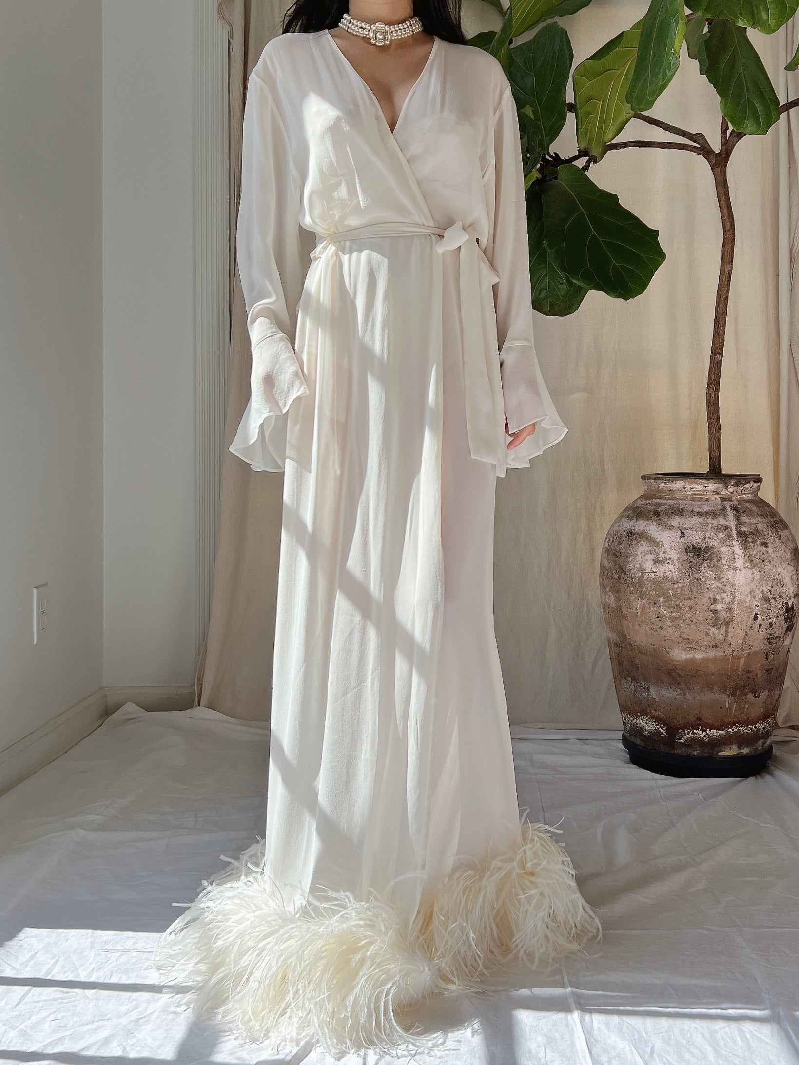 Vintage Silk Feathered Robe - M