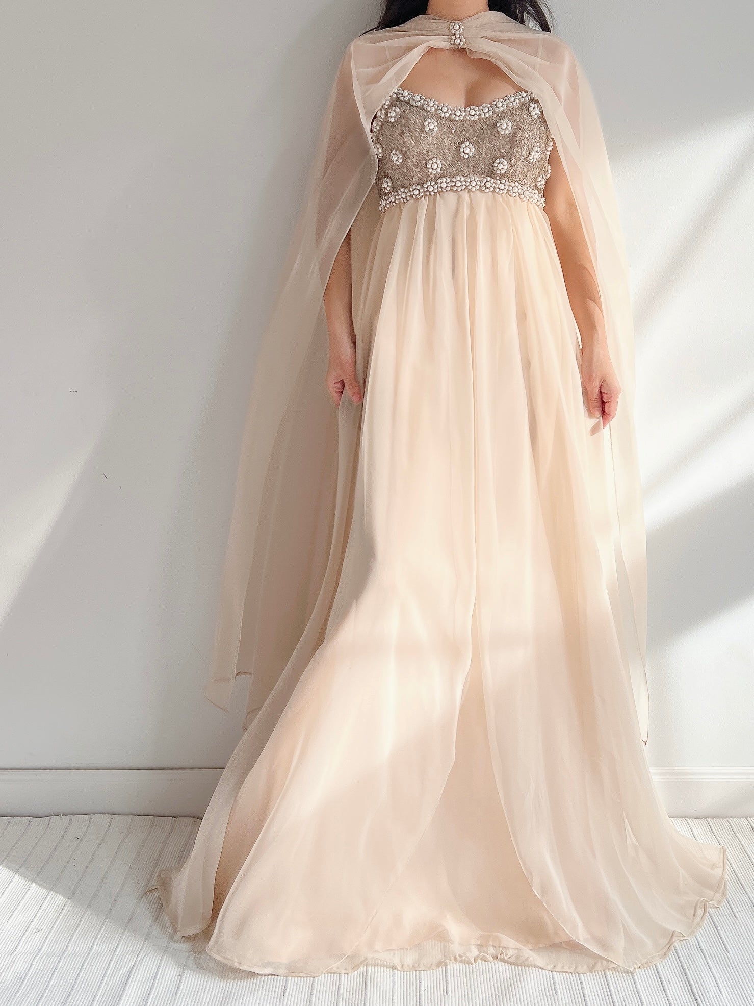 1960s Empire Chiffon Beaded Gown - XS