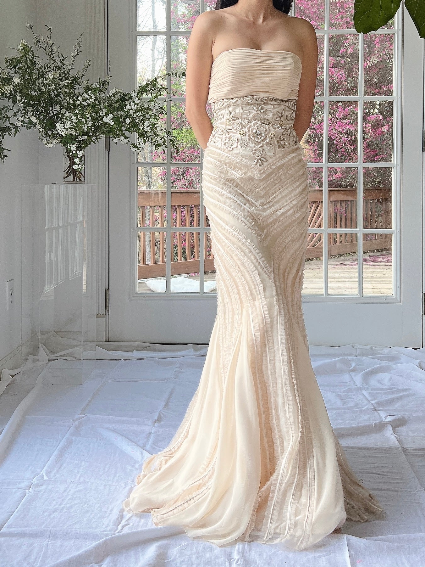 Y2K Almond Ruffle Beaded Dress - XS