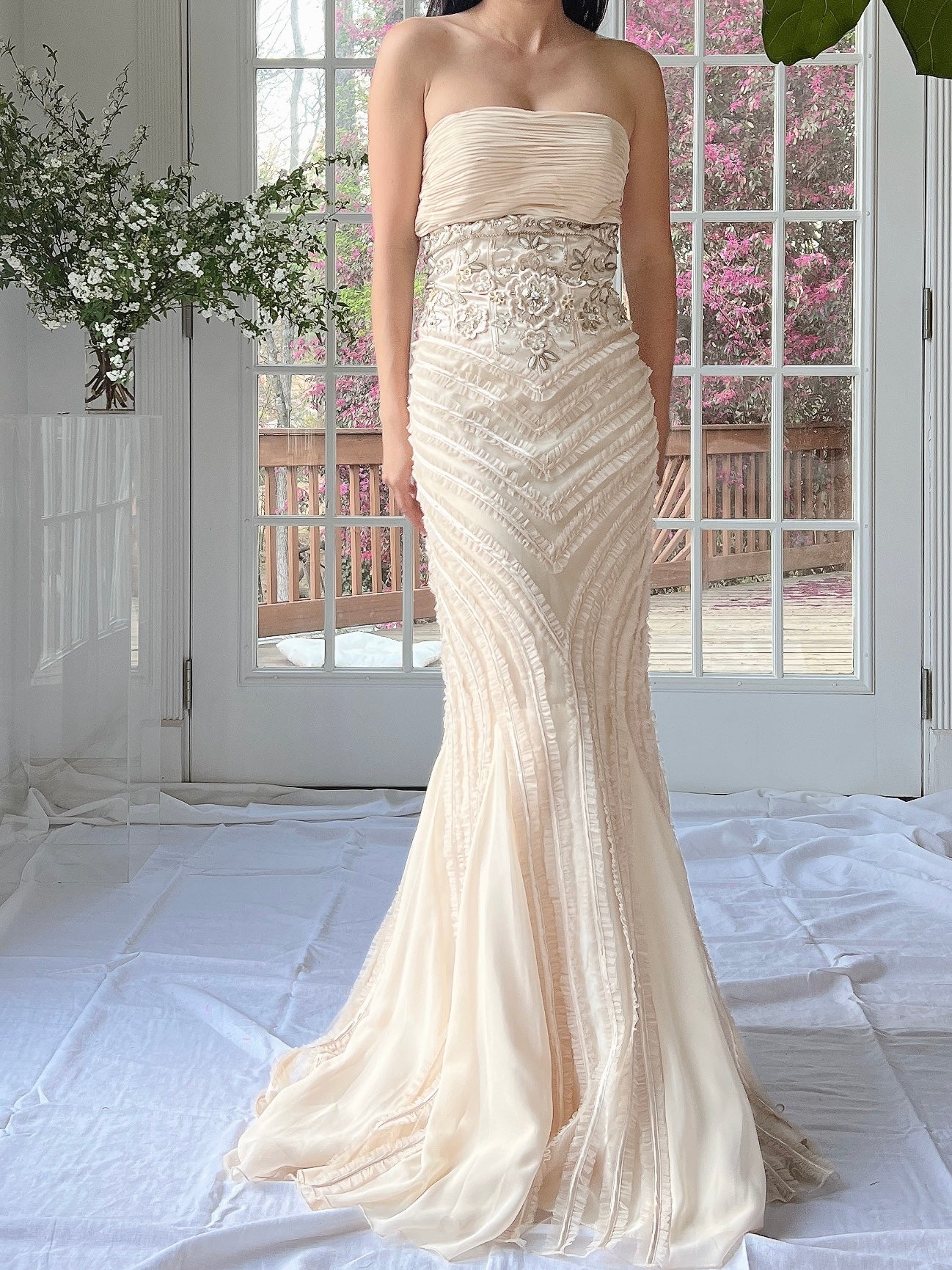 Y2K Almond Ruffle Beaded Dress - XS