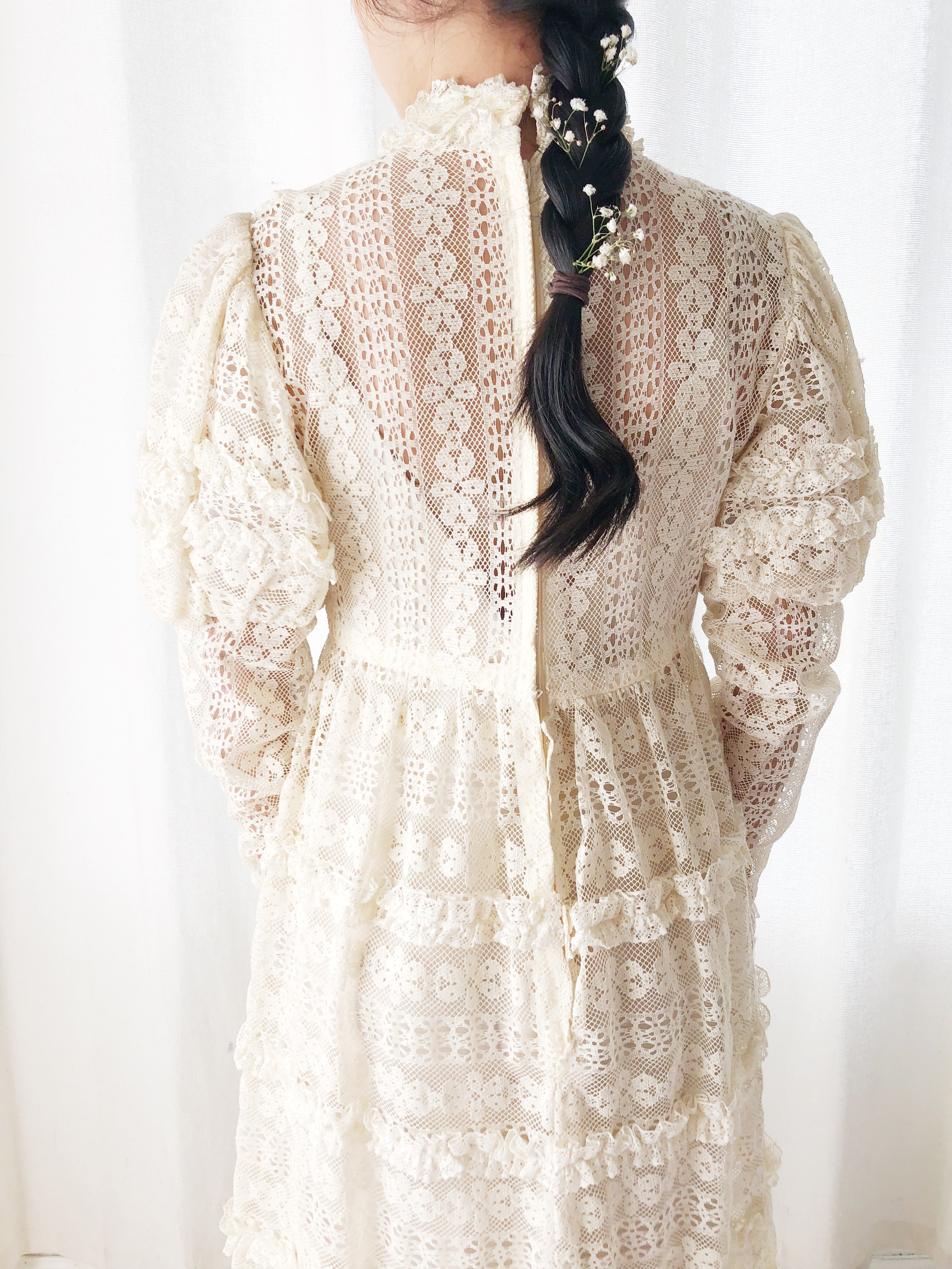 1970s Bohemian Puff Sleeves Lace Dress - S