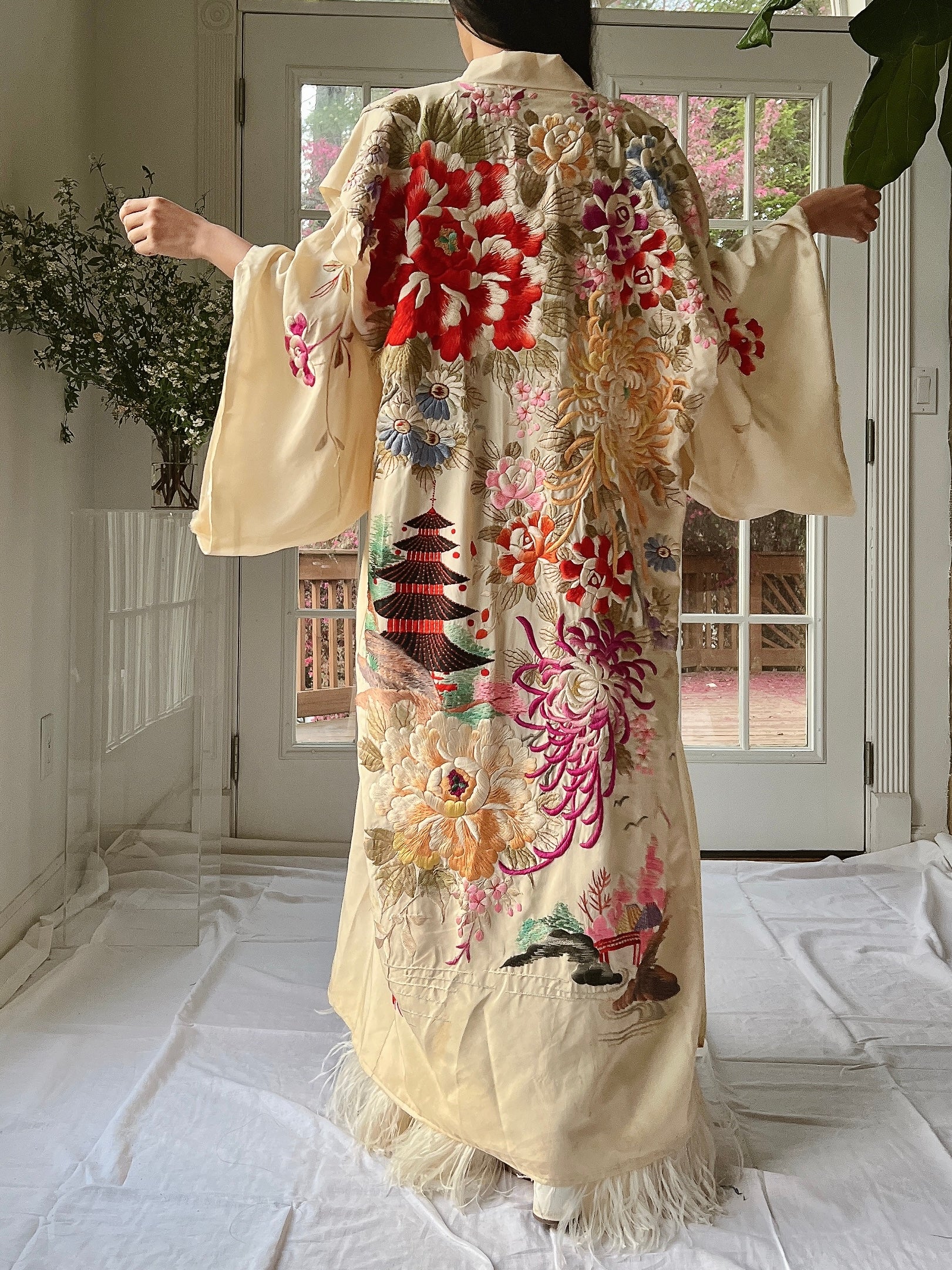 RARE Antique Couched Silk Floral Embroidered Kimono - OSFM