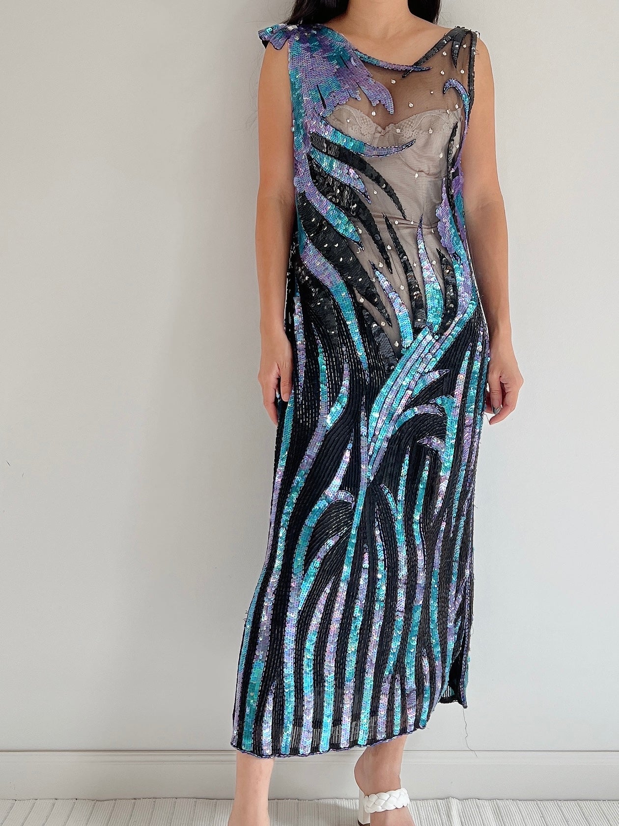 1980s Illusion Abstract Beaded Dress - S/M