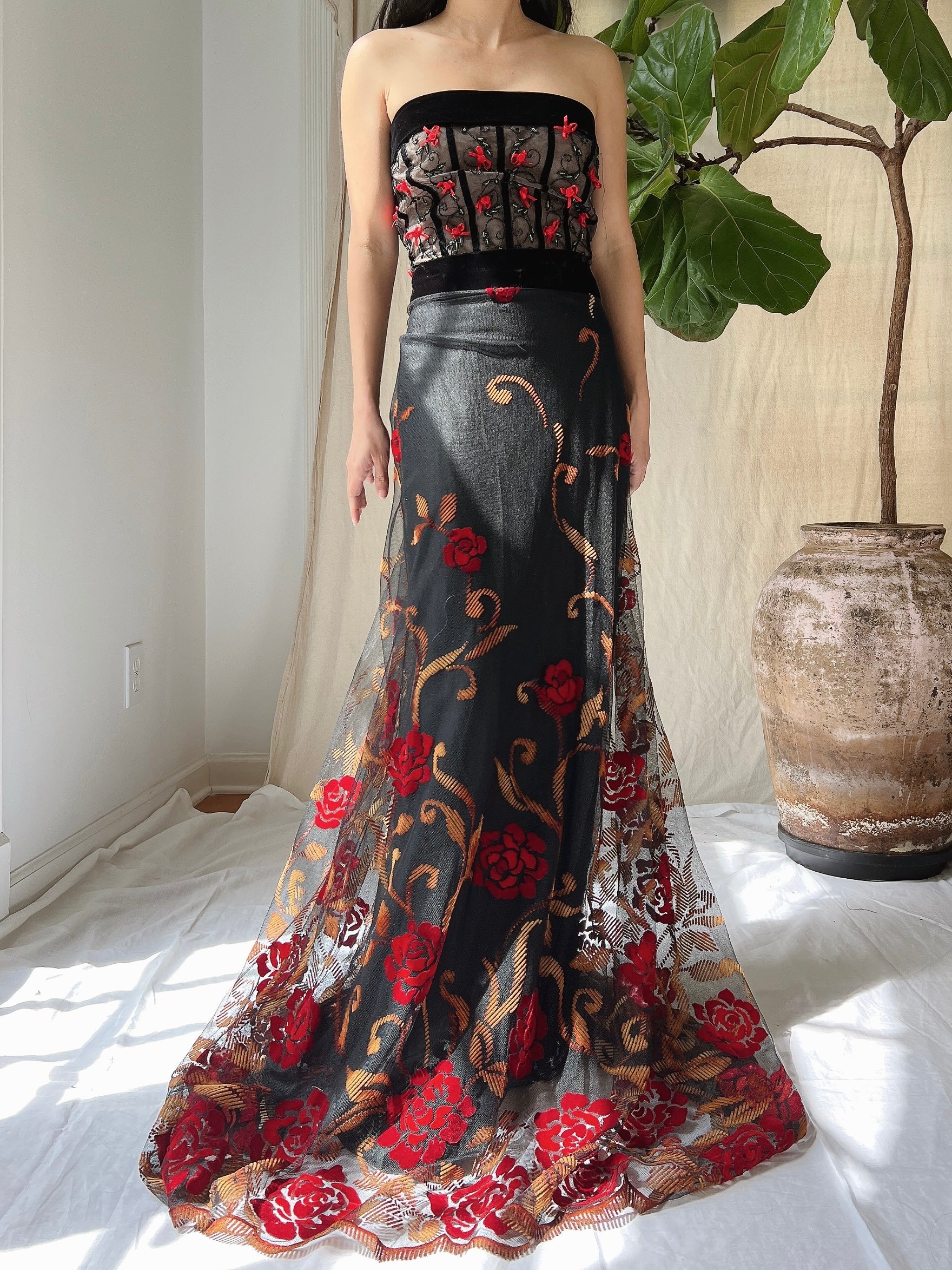 Vintage Floral Strapless Dress - L