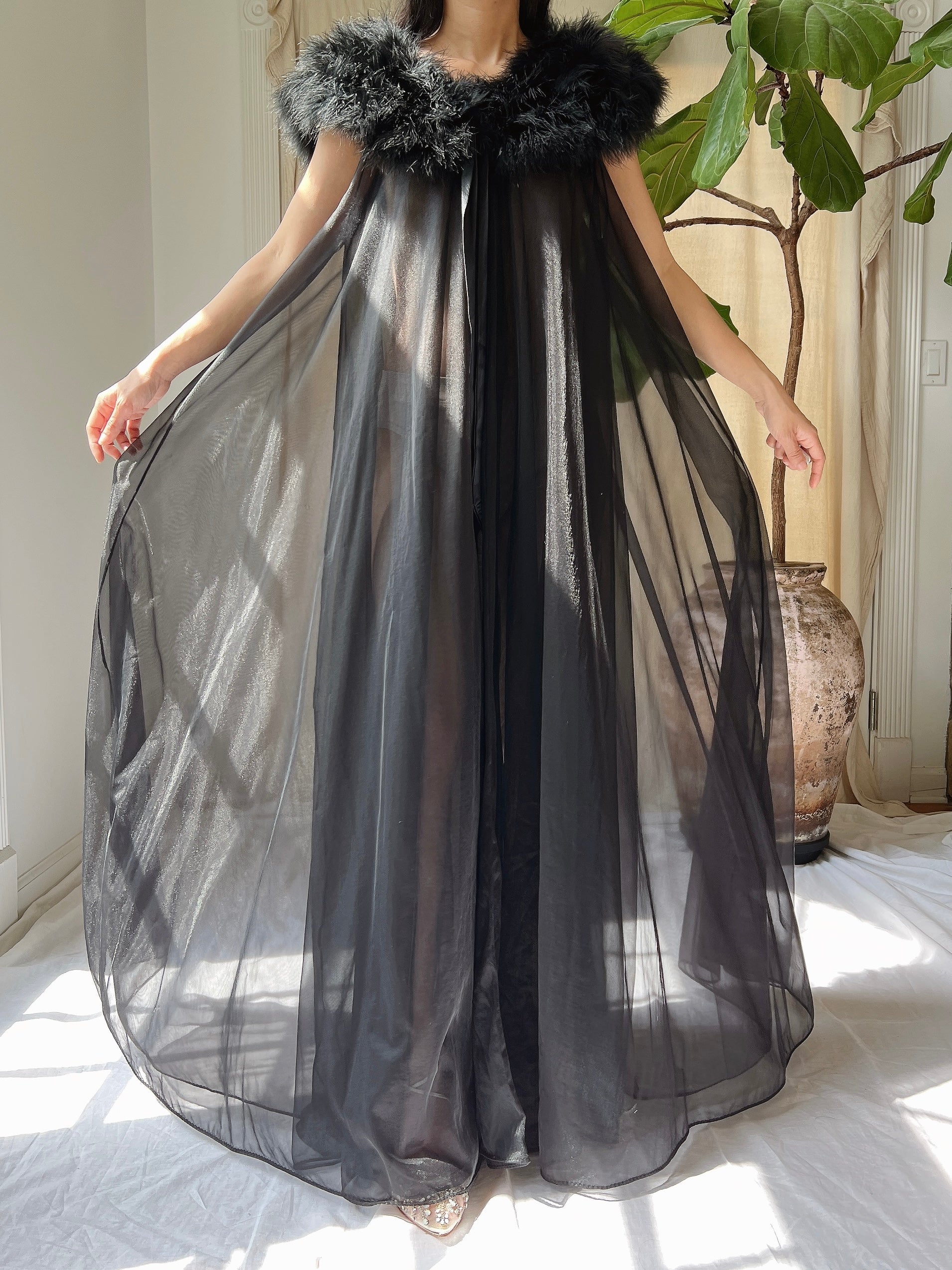 Vintage Feather Collar Nylon Dressing Gown - OSFM