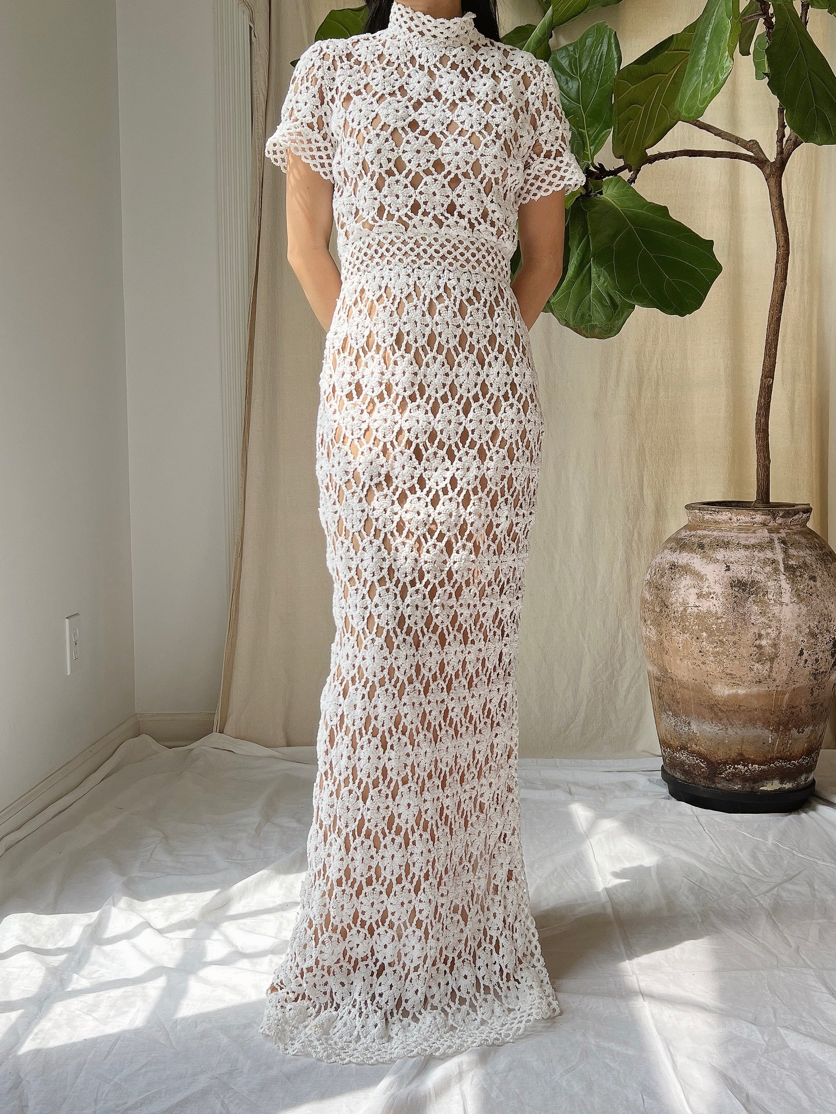 Vintage Mock Neck Crochet Dress - XS