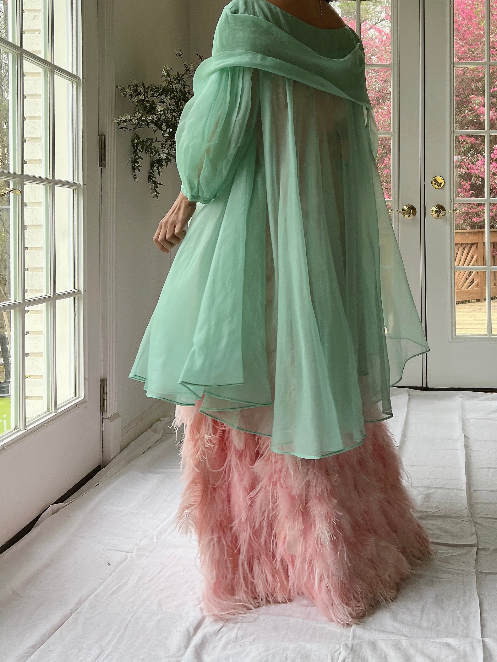 1960s Silk Chiffon Puff Sleeves Duster - OSFM