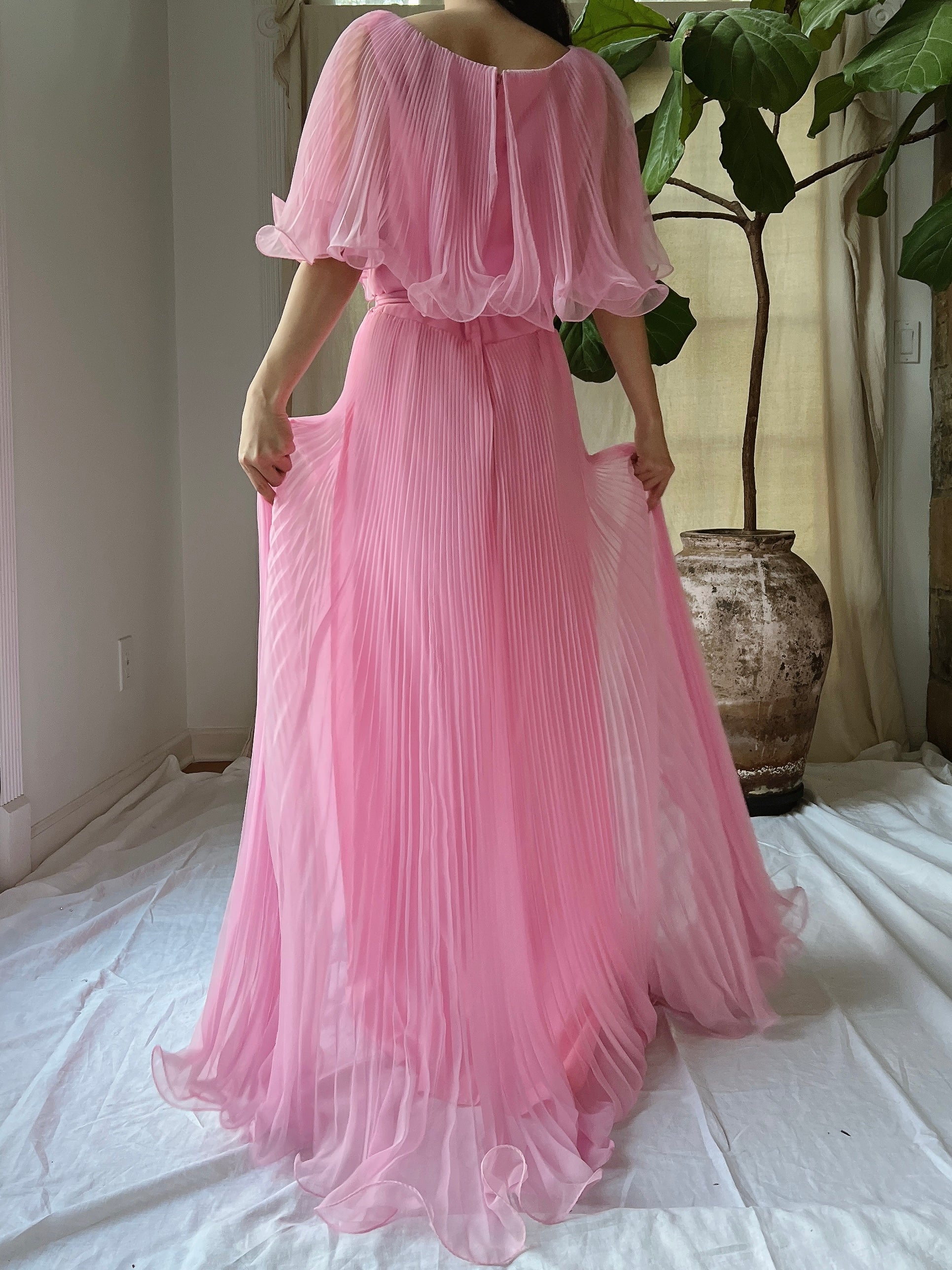 Vintage Pleated Cape Collar Dress - S