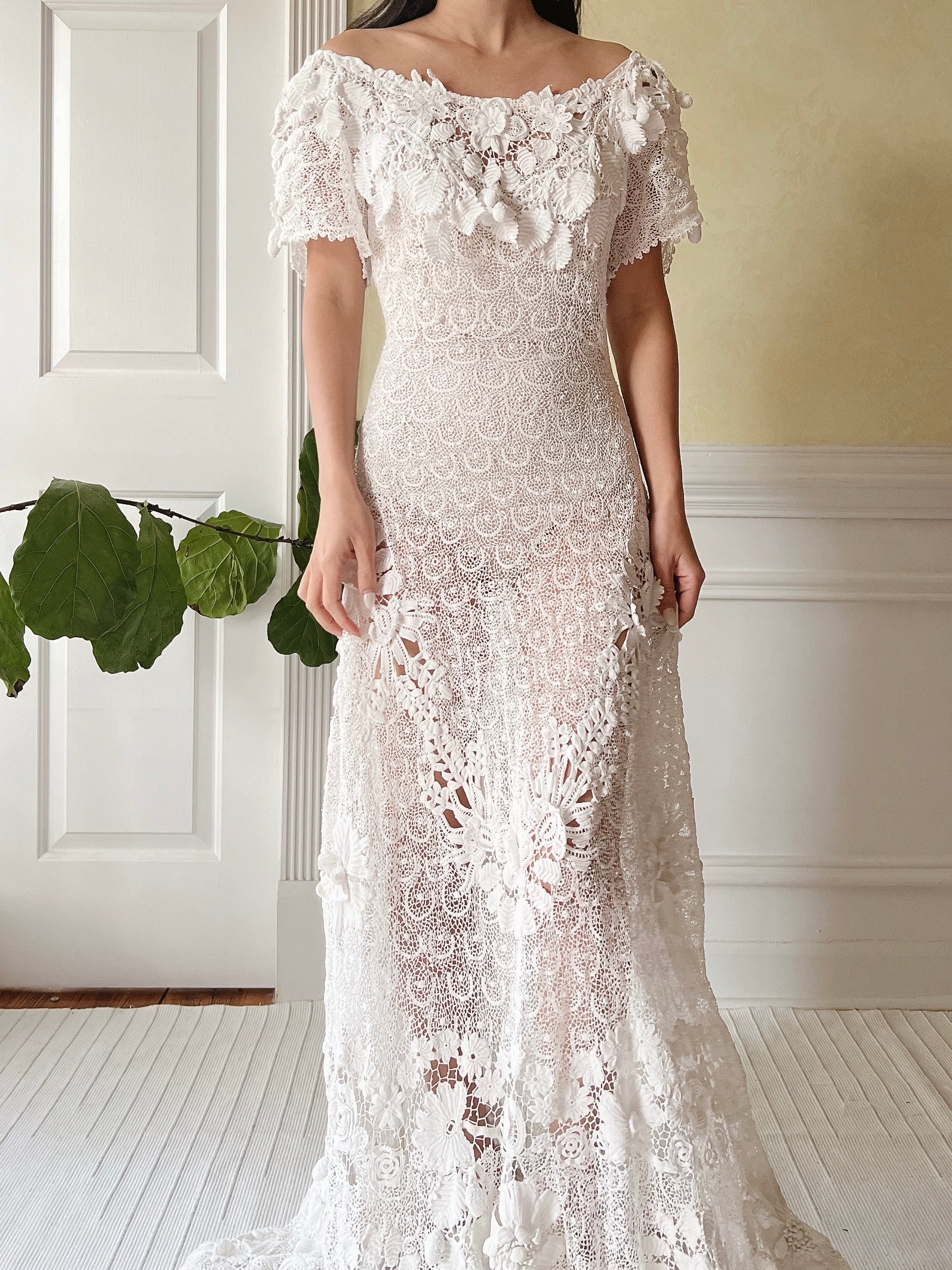 One-of-a-Kind Antique Irish Lace Trained Gown - XS