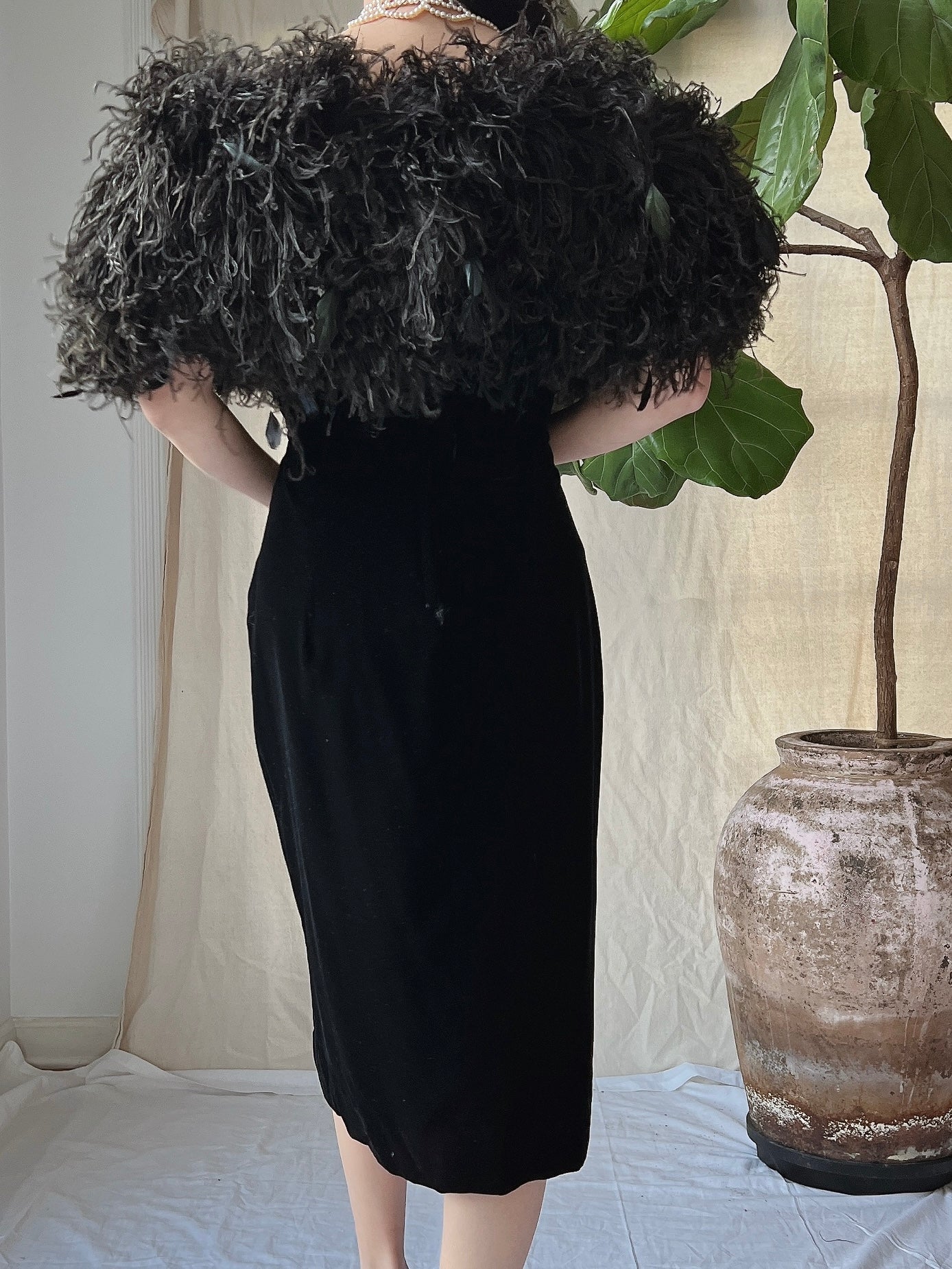 Vintage Ostrich Feather Collar Velvet Dress - XS