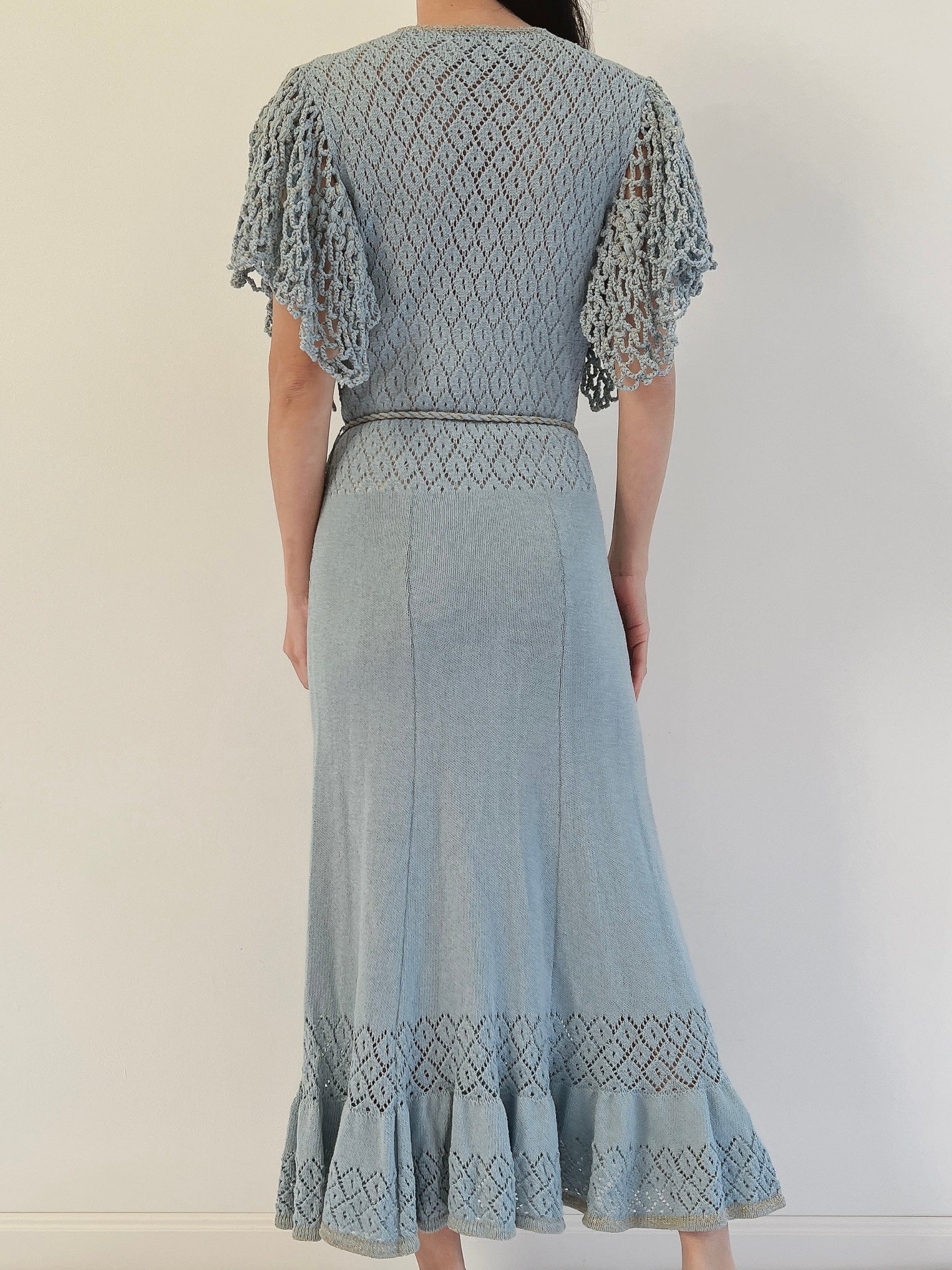 1970s Flutter Sleeves Crochet Dress - XS-M