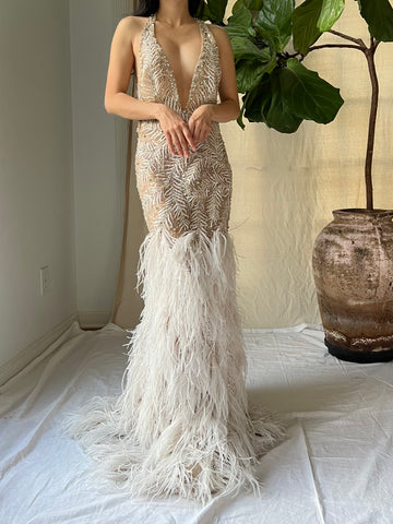 Vintage Hand Beaded Organza and Feather Gown - S/M