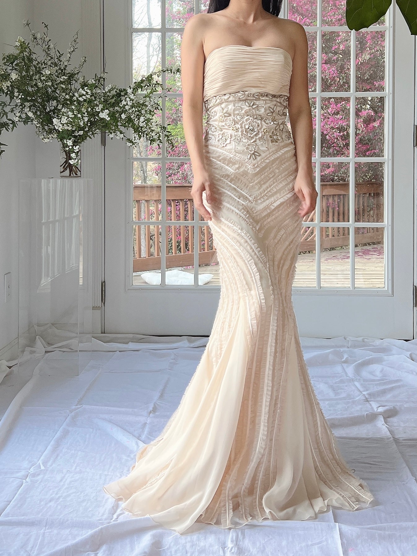 Y2K Almond Ruffle Beaded Dress - XS